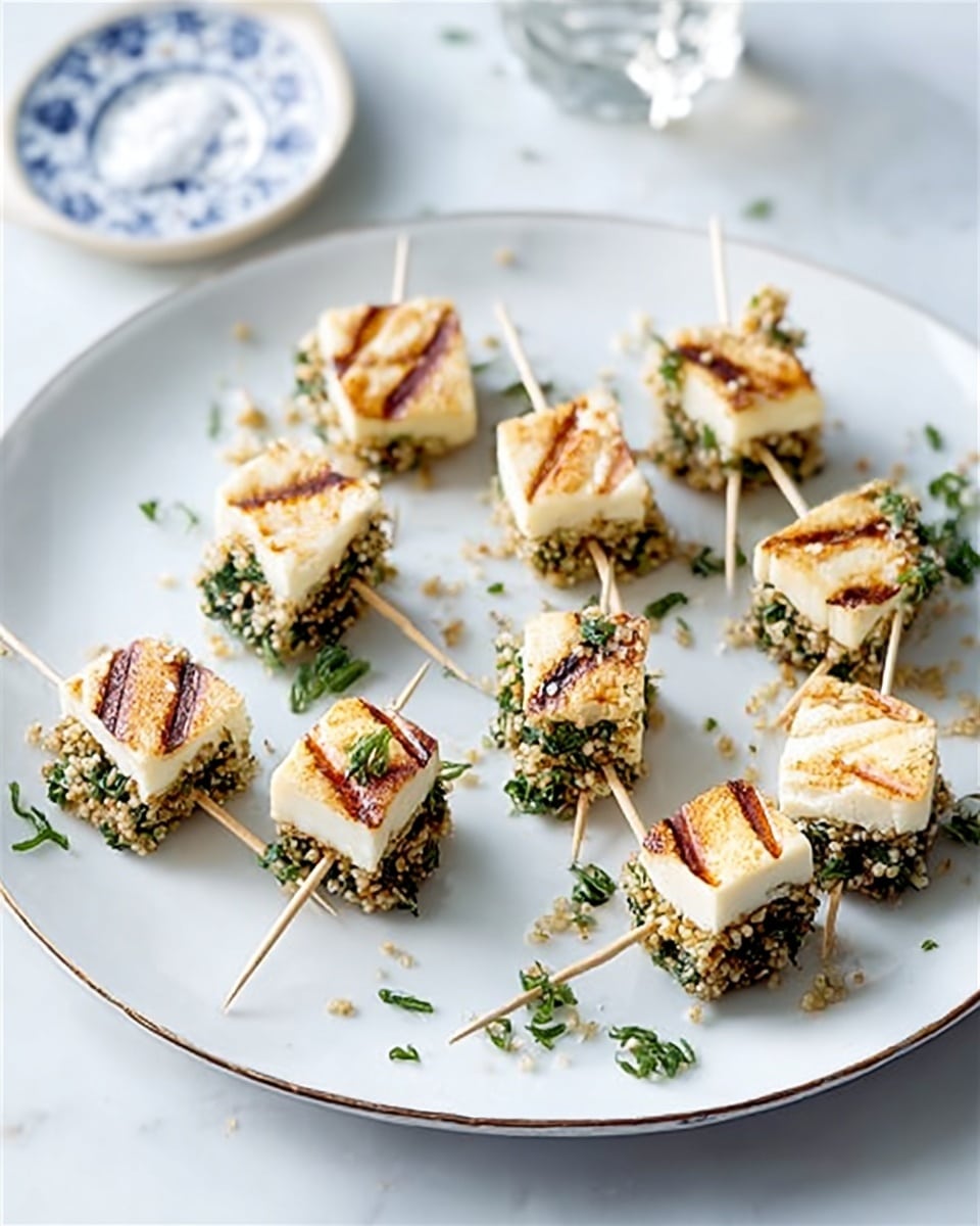 The image shows a white round plate with a thin dark rim, placed on a white marbled surface. On the plate, there are several small cube-shaped snacks on wooden skewers arranged loosely. Each snack has two clear layers: the top layer is white with light brown grill marks, indicating grilled cheese or halloumi, and the bottom layer is a green herb mix coated with light-colored seeds, giving a textured look. The snacks are sprinkled lightly with fresh green herbs on the plate surface. In the background, slightly out of focus, there is a small transparent salt shaker and a small white plate with blue patterns. photo taken with an iphone --ar 4:5 --v 7