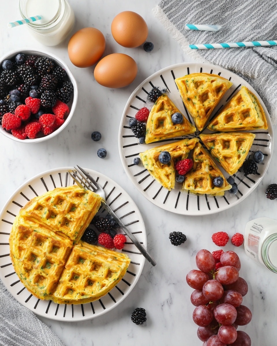 The image shows two white plates with black diagonal stripes on a white marbled surface. The first plate holds a whole round yellow waffle with green bits, topped with a few blackberries, raspberries, and blueberries, with a silver fork resting on the edge. The second plate contains four pieces of the same waffle, arranged in a circular pattern, accompanied by a small pile of mixed blackberries, raspberries, and blueberries on the side. Nearby, three brown eggs and a bunch of red grapes are placed on the surface. A small white bowl filled with a mix of blackberries, raspberries, and blueberries sits on the left side. A glass of milk with a blue and white striped straw and a gray towel with white stripes are visible in the top right corner. Photo taken with an iphone --ar 4:5 --v 7
