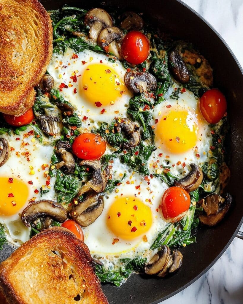 Spinach and Mushroom Eggs with Cherry Tomatoes and Toasted French Bread Recipe