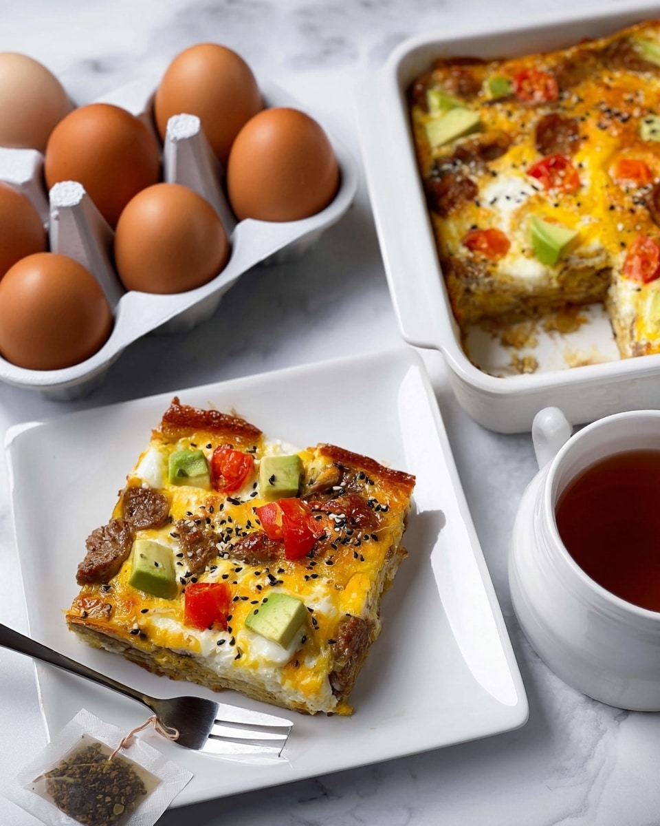 The image shows a slice of a breakfast casserole on a white square plate on a white marbled surface. The casserole has three visible layers: a golden brown, slightly crispy top layer with browned sausage chunks and melted cheese; a middle light yellow layer of cooked eggs; and a bottom layer that is softer and paler, possibly a mix of eggs and other ingredients. The top is garnished with bright red diced tomatoes and green avocado chunks, along with small black and white sesame seeds scattered. Next to the plate is a white ceramic mug with a tea bag inside, a fork placed at the bottom edge of the plate, and a white baking dish with more casserole visible in the upper left corner. The top right corner shows a white egg tray with four light brown eggs. The overall setting is bright and neat, with a clean white marbled background. Photo taken with an iphone --ar 4:5 --v 7