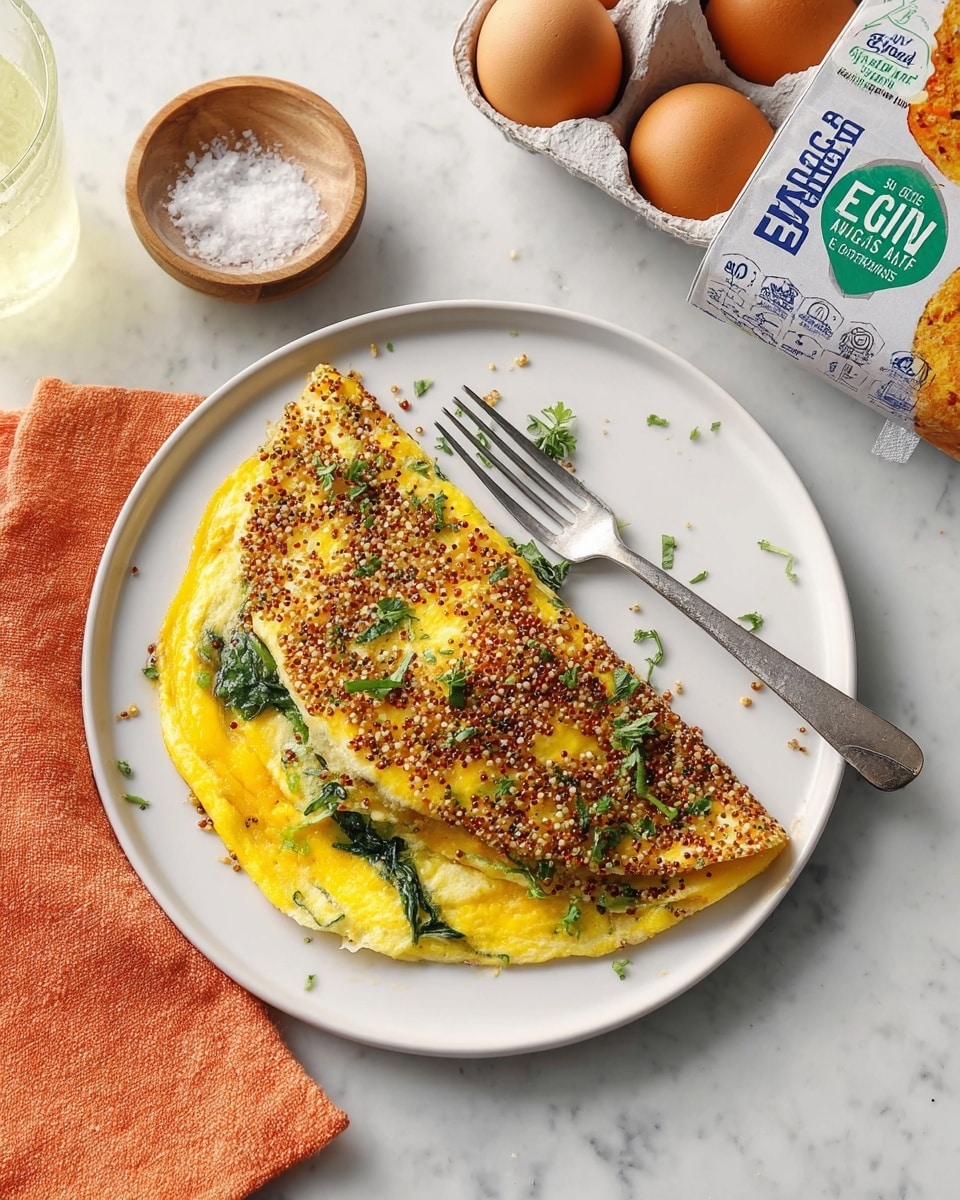 A white plate holds two main layers: the bottom layer is a golden yellow egg omelet with green herbs mixed in, showing a soft, slightly runny texture and uneven edges, spread wide on the left side of the plate; on top, covering part of the omelet, is a crispy, rectangular quinoa crust with a mix of red, yellow, and white quinoa seeds, giving a crunchy texture with a speckled appearance. A silver fork rests on the right side of the plate with its handle partially off the plate, and nearby is a silver knife lying on a white marbled surface. To the top right of the plate is a carton of brown eggs with colorful branding, and to the left is an orange cloth napkin along with a small container of white salt and a glass of light orange juice. photo taken with an iphone --ar 4:5 --v 7