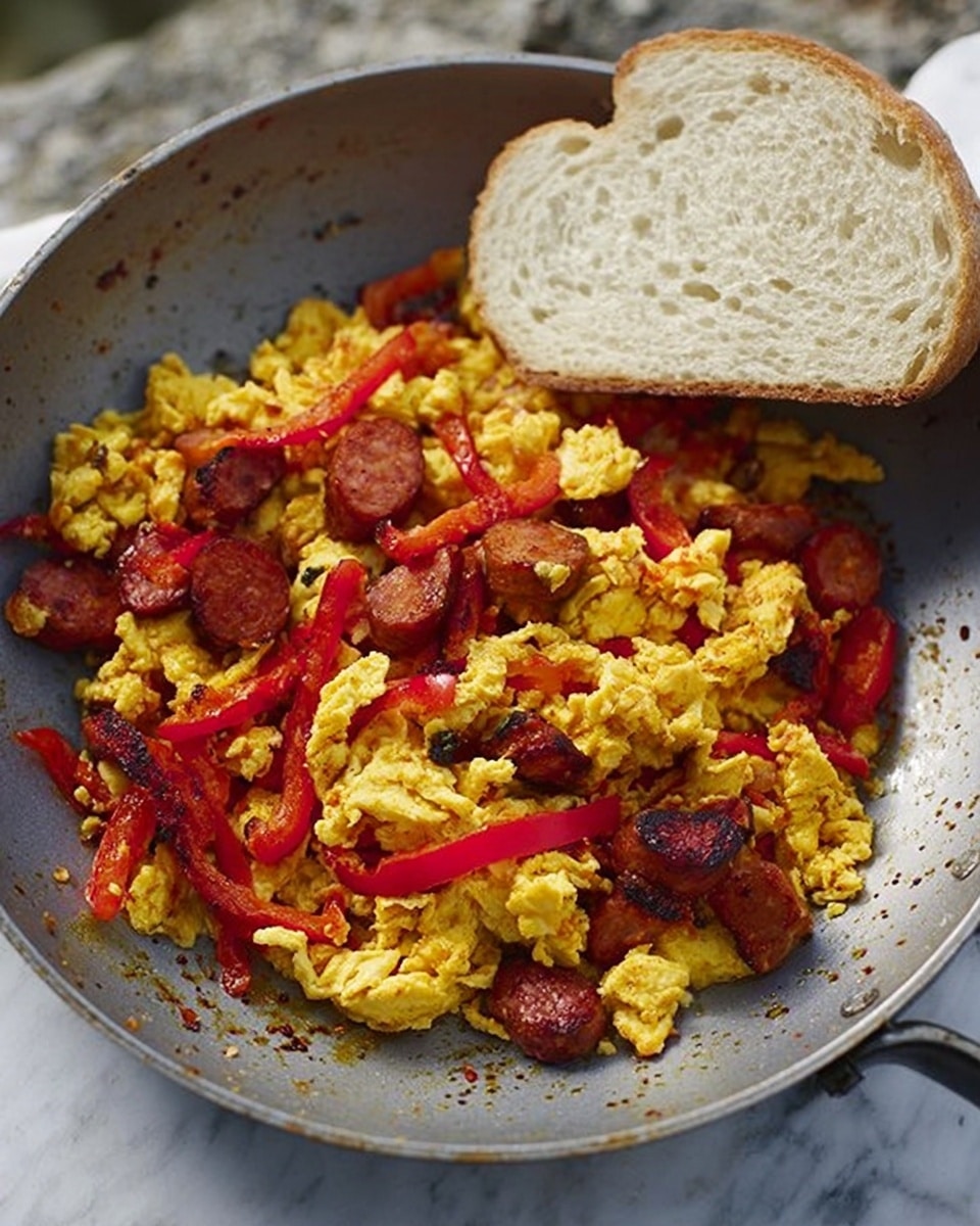 The dish shown is a stir-fry inside a grey metal pan resting on a white marbled surface. The main layer consists of scrambled eggs that are yellow and slightly crumbly, mixed with red bell pepper strips and slices of cooked sausage that have a deep red-brown color and textured surface. Two slices of white bread with a soft texture and light brown crust are placed on the edge of the pan, leaning against the stir-fry. The pan has a slightly worn look with small spots inside, adding a rustic feel. photo taken with an iphone --ar 4:5 --v 7