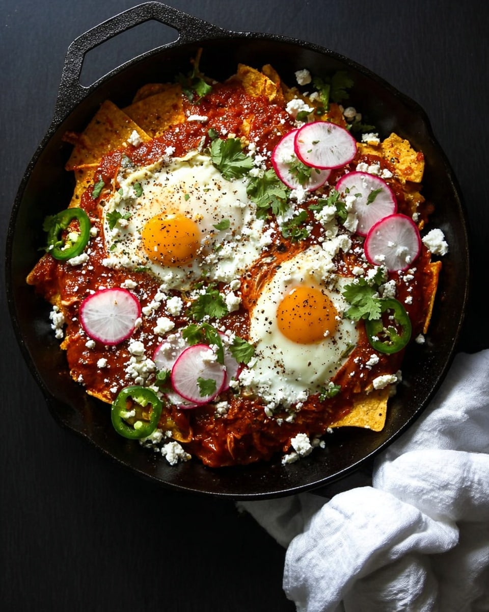 The image shows a black skillet filled with chilaquiles, starting with a base of yellow tortilla chips covered by a thick layer of rich red salsa. On top of the salsa are two fried eggs with bright white edges and soft, slightly runny yolks sprinkled with black pepper. Scattered around are thin slices of pink radishes, small green round slices of jalapeño, crumbled white cheese, and fresh green cilantro leaves, adding color contrast and texture. The skillet is placed on a dark surface with a white cloth napkin tied loosely on the side. photo taken with an iphone --ar 4:5 --v 7