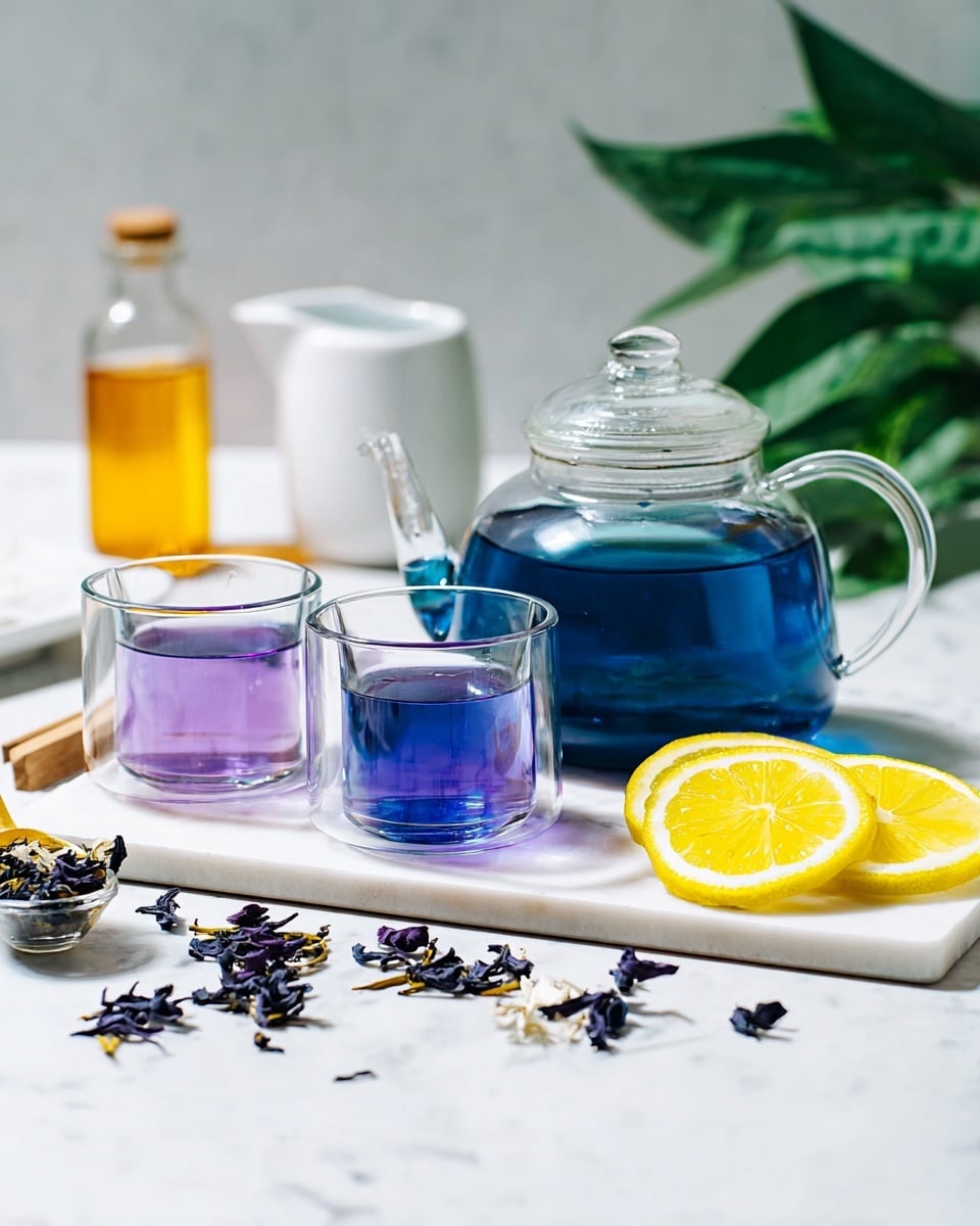 The image shows a clear glass teapot filled with deep blue tea, sitting on a rectangular white marble board. In front of the teapot are two clear glasses: one with light purple tea and one with blue tea. Dried dark purple butterfly pea flowers are scattered on the marble surface near the glasses. To the right of the board, there are three lemon wedges with bright yellow skin and juicy interior. In the background, a small white cream pitcher and a glass bottle with amber liquid are slightly out of focus. A green leafy plant is visible on the right side, adding a fresh touch. The whole setup is on a white marbled surface with a soft light reflecting gently. photo taken with an iphone --ar 4:5 --v 7