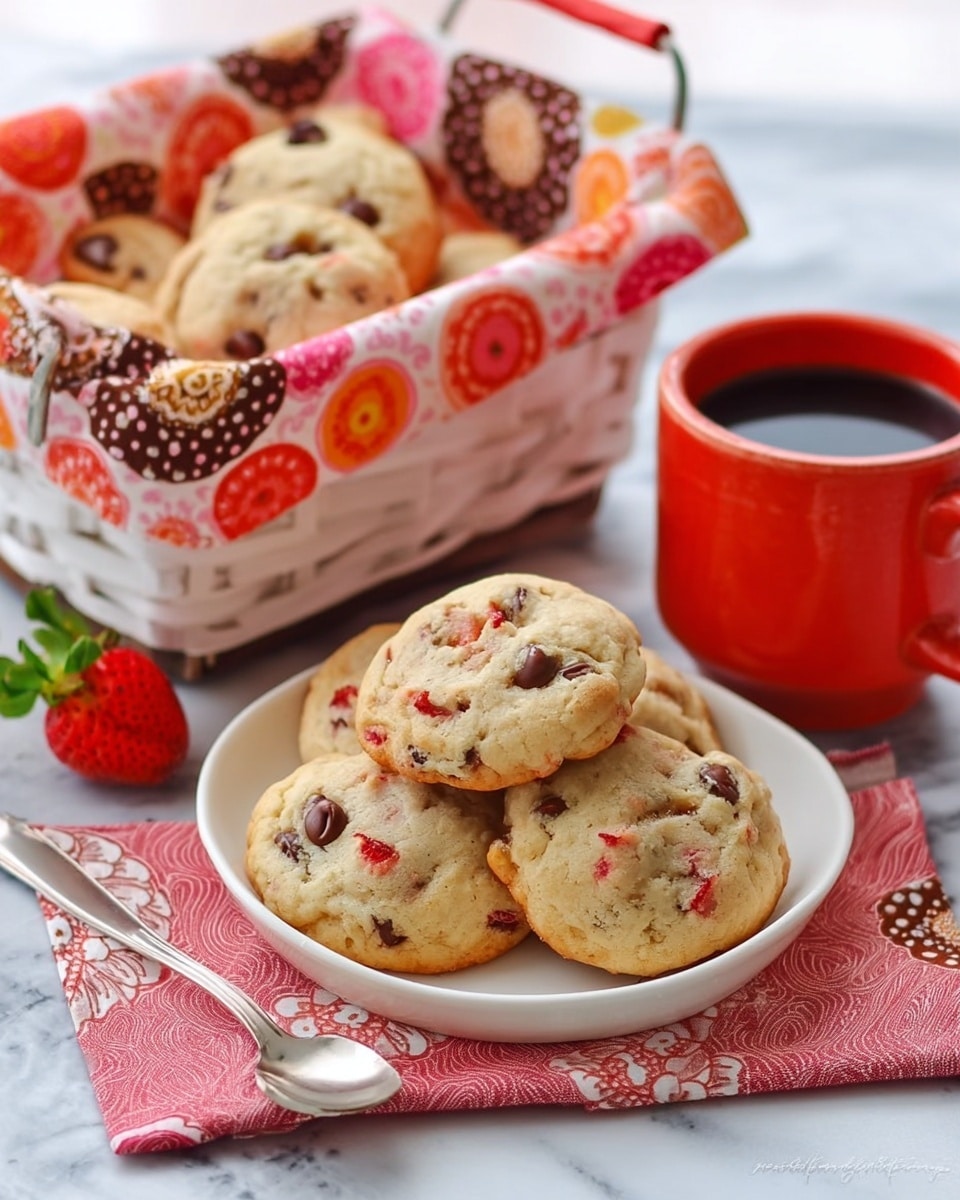 The image shows three soft, round cookies with chocolate chips and small red fruit pieces sitting on a white plate with a smooth, shiny finish. Behind the plate, there is a white cup filled with dark coffee and a silver spoon placed on a white marbled surface nearby. To the left, two large ripe strawberries with bright red color and green leaves rest directly on the white marbled surface. In the background, there is a white basket lined with a colorful cloth that has a pattern of red, pink, and brown circles and flowers, filled with more cookies similar to the ones on the plate. The whole scene is light, warm, and cozy, with a soft focus on the background. Photo taken with an iphone --ar 4:5 --v 7