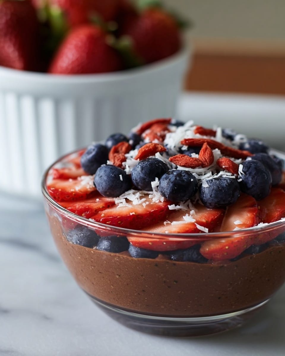 A clear glass bowl filled with three main layers is placed on a white marbled surface. The bottom layer is a smooth, thick brown mixture that almost fills the bowl. On top of this layer, there is a spread of sliced red strawberries thinly arranged. The top layer contains whole dark blue blueberries mixed with bright red goji berries, sprinkled with small white coconut flakes, creating a colorful and fresh look. In the background, a white bowl filled with whole strawberries is slightly out of focus. The photo taken with an iphone --ar 4:5 --v 7
