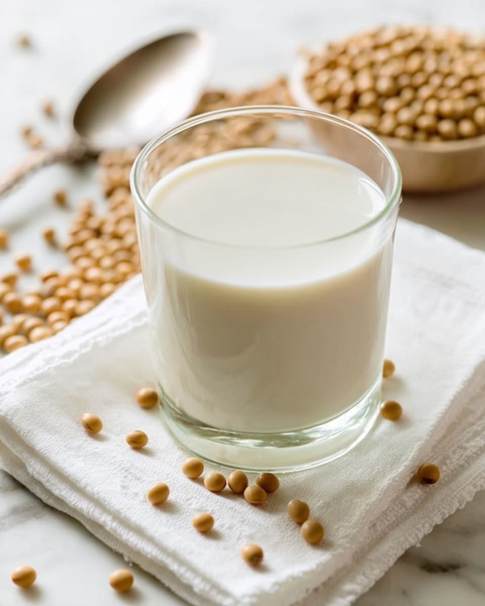 A clear glass filled with smooth, creamy white soy milk is placed on a white cloth napkin that rests on a white marbled surface. Around the glass and napkin, there are scattered light brown soybeans, adding texture and color contrast. In the background, more soybeans are slightly out of focus, along with a silver spoon lying on the white marbled surface. The whole scene gives a fresh and simple look. photo taken with an iphone --ar 4:5 --v 7