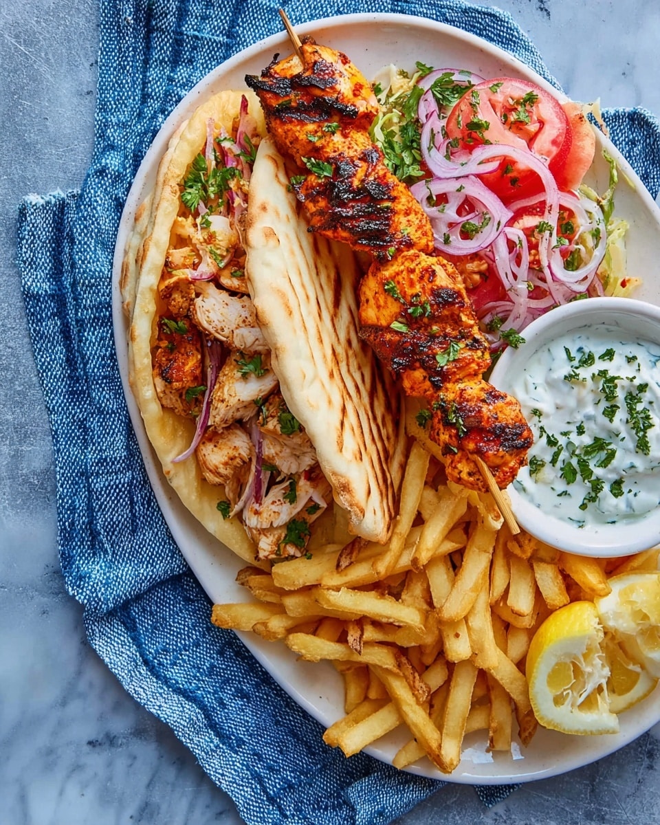 A white oval plate on a white marbled surface holds a meal with three main parts: at the top, there is a skewer of grilled chicken pieces, reddish-brown with grill marks, resting on a piece of naan bread which is lightly charred and golden with soft texture, topped with two lemon wedges. Below that, a smaller folded naan sandwich is filled with golden French fries, fresh tomato slices, and small pieces of grilled chicken, with a drizzle of white sauce. On the left side of the plate, a fresh salad made of red tomato wedges, thin purple onion slices, and green parsley leaves adds bright colors. At the bottom right corner of the plate, there is a small bowl of white creamy sauce topped with chopped green herbs. The plate is partially on a blue linen cloth, and the background is white marbled texture. photo taken with an iphone --ar 4:5 --v 7