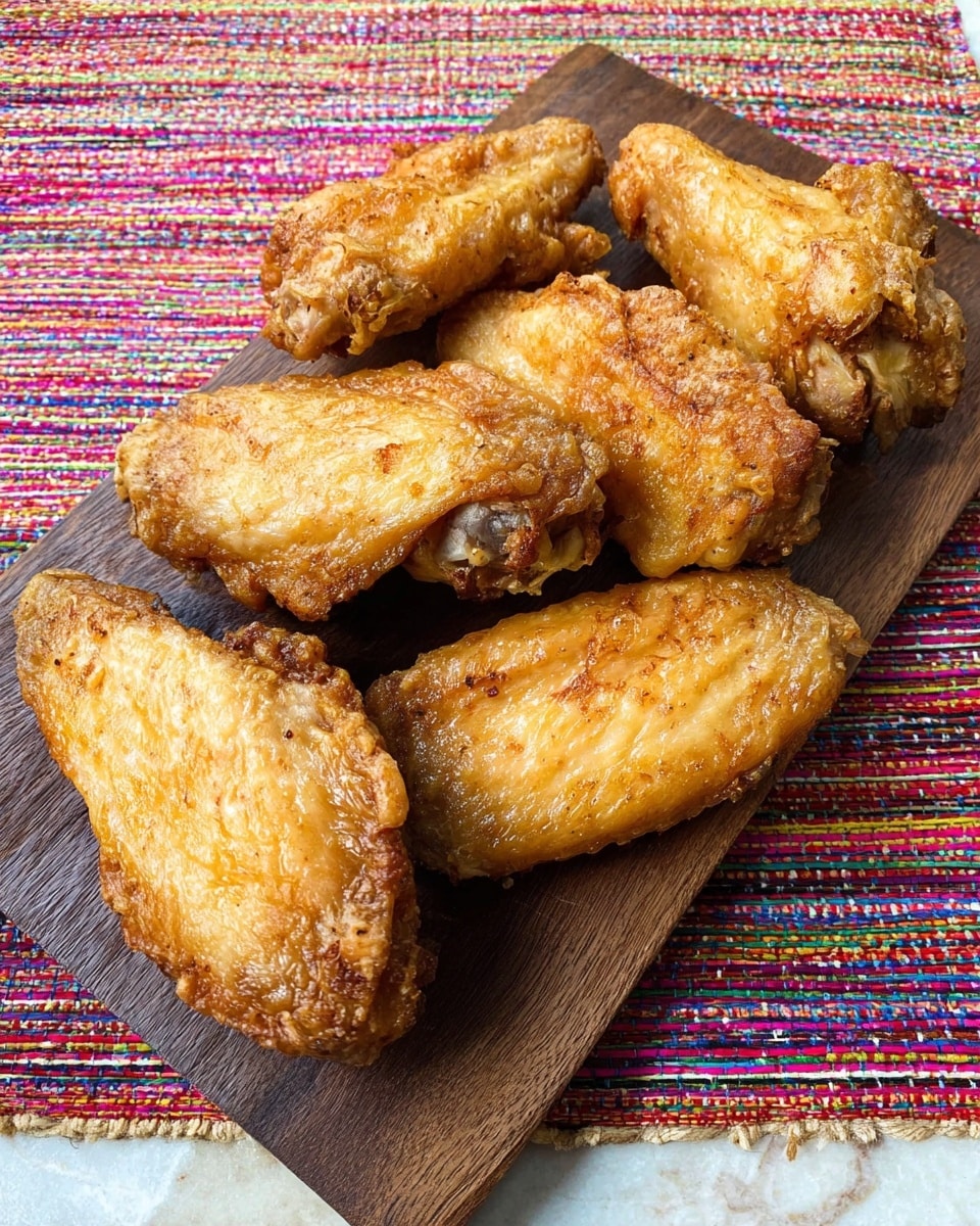 The image shows six pieces of golden fried chicken wings with crispy skin, laid out on a dark wooden board. Each wing has a slightly different shape with a textured, crunchy surface that is shiny and browned in some areas. The wooden board is placed on a white marbled textured surface covered partially by a colorful woven mat with red, blue, yellow, and white threads woven in a grid pattern. The overall look is warm and appetizing, showing the detailed texture of the fried chicken skin. photo taken with an iphone --ar 4:5 --v 7