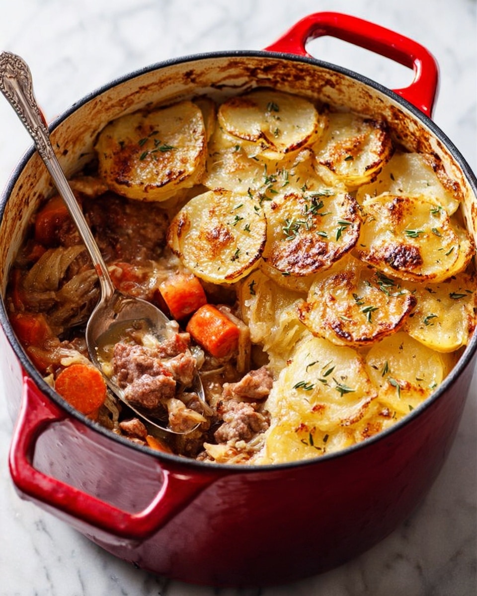 A large red cast iron pot holds a hearty dish with two main parts inside. On the left side, there is a mix of chunky meat, orange carrots, and light yellow onions in a thick sauce with a soft texture. On the right side, thin round slices of golden brown potatoes are layered tightly on top, some browned and crispy, with a slightly shiny surface and some herbs sprinkled on top. A silver spoon is digging into the meaty side, resting inside the pot. The pot sits on a white marbled surface. photo taken with an iphone --ar 4:5 --v 7