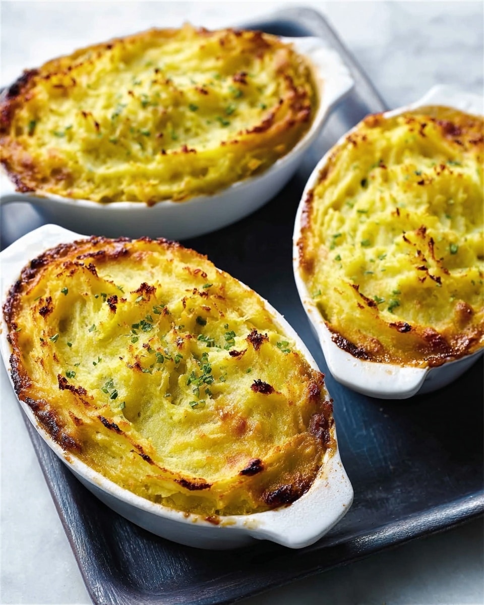 Three white oval baking dishes sit on a dark tray over a white marbled surface, each filled with a shepherd's pie-like dish. The top layer is golden-yellow mashed potatoes with some browned, crispy edges and small burnt spots, showing a textured pattern from a fork or similar tool. The dishes have a thick, bubbly, slightly crisp top with a soft inner layer visible at the edges. The background is bright and soft, emphasizing the warm, homemade feel of the food. Photo taken with an iphone --ar 4:5 --v 7