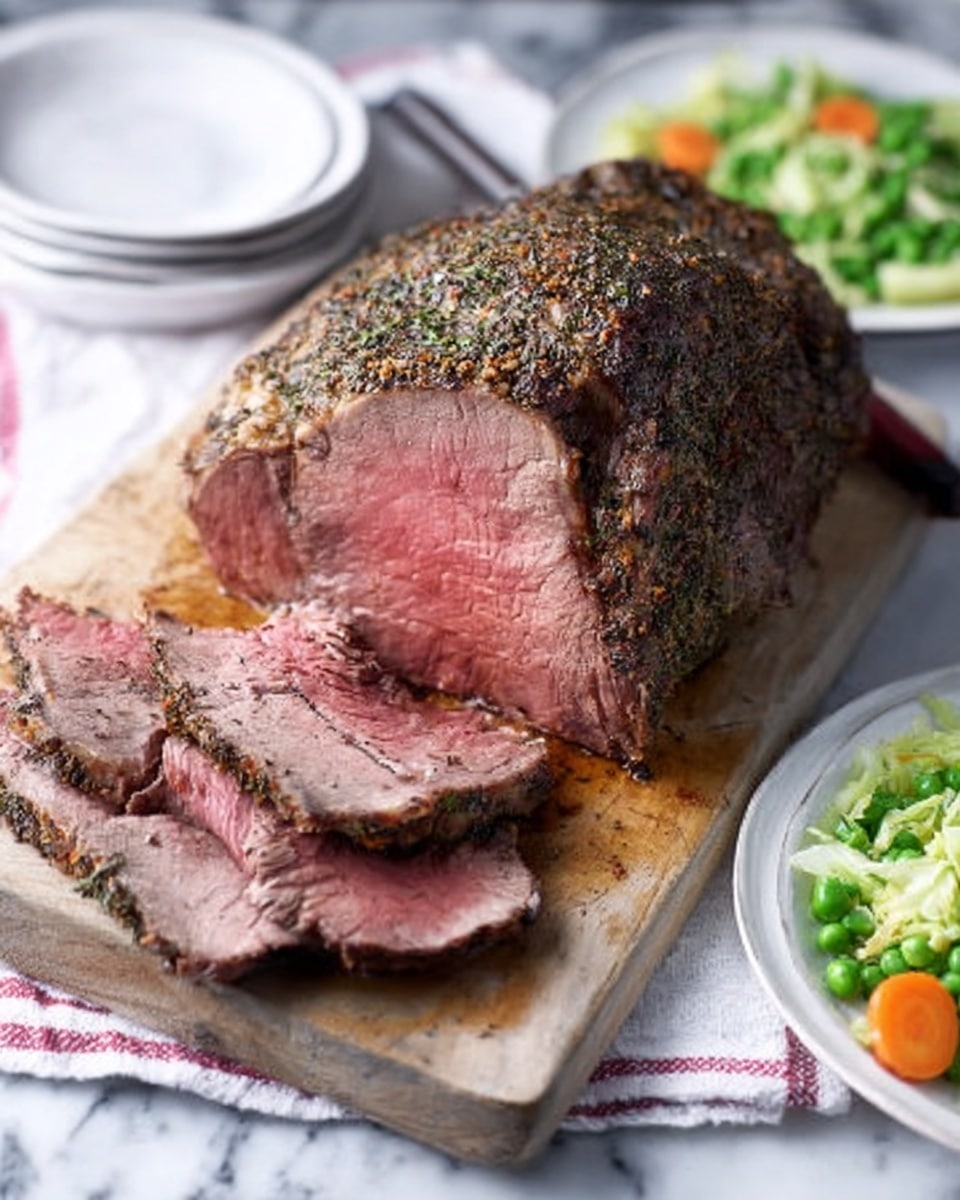 A large piece of roast beef with a dark brown herb crust is placed on a wooden cutting board. Several slices of the roast, showing a pink inside and tender texture, are lying next to the main roast. The cutting board rests on a white cloth with thin red stripes. On the right side of the image, a white plate filled with bright green peas, light green cabbage, and two small orange carrots is partially visible. The whole scene is set on a white marbled surface. Photo taken with an iphone --ar 4:5 --v 7