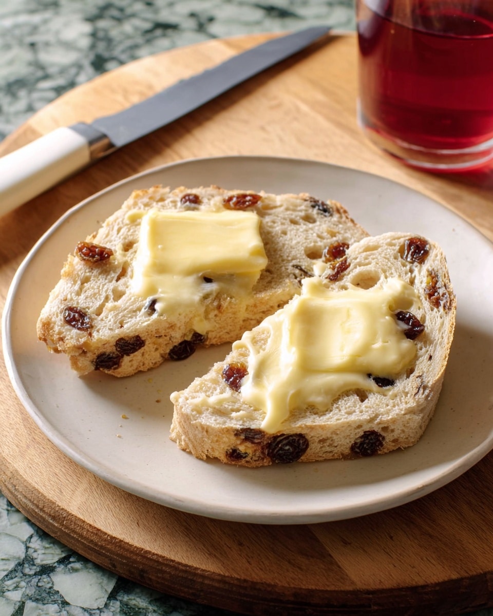 Two pieces of raisin scone are placed on a white plate with a green pattern. Each scone has a rough, crumbly texture with visible raisins spread throughout. On top of each piece, there are uneven dollops of pale yellow melted butter. The plate rests on a white marbled surface and a knife with a white handle and some butter remains lies to the right side. Behind the plate, a clear glass container filled with dark red jam is partly visible. Photo taken with an iphone --ar 4:5 --v 7