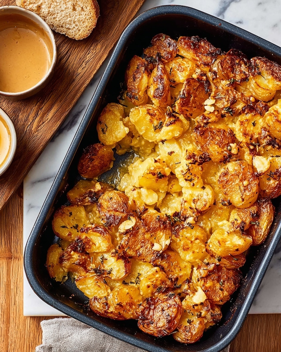 A close-up of a black baking dish filled with a golden-brown smashed roasted potato dish. The potatoes are arranged in a single thick layer, slightly overlapping, with crispy edges and some soft, creamy insides showing where pieces are broken apart. The top layer has chunks of roasted garlic bits scattered across, adding texture and depth. The dish is placed on a white marbled surface next to a wooden board with some bread and a container with light brown sauce, suggesting a cozy meal setting. Photo taken with an iphone --ar 4:5 --v 7