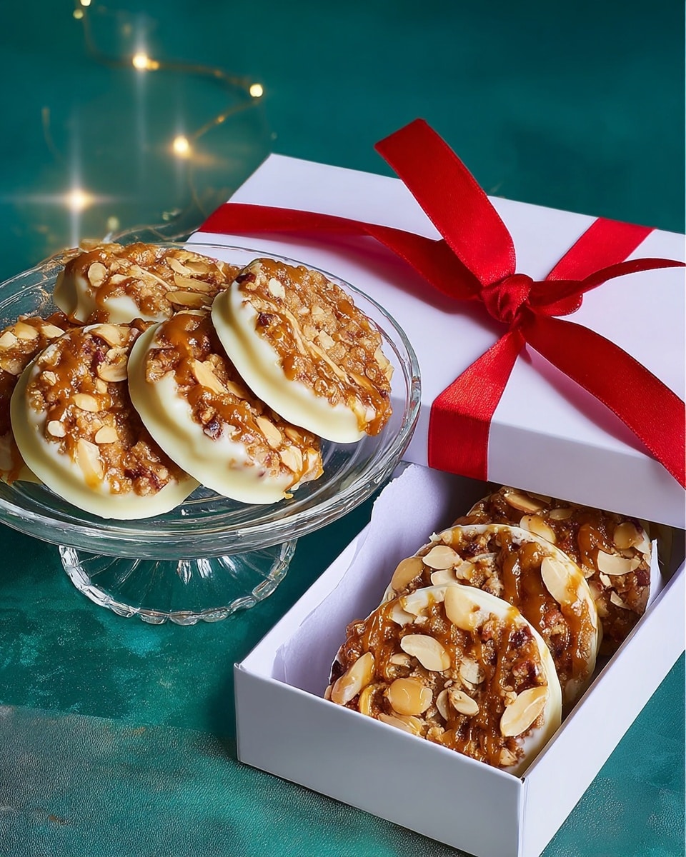 The image shows several round cookies with a caramel nut topping layer that is golden brown with visible almond slices and a smooth, shiny white chocolate base layer, arranged neatly in a clear glass stand and inside a white box with white paper lining. The cookies' top layer has a sticky texture with nuts and caramel, while the base is flat and creamy white, providing a clear contrast between the two layers. The white box contains four cookies in a row tied with a bright red ribbon on a white marbled surface with soft light reflections, creating a festive and elegant look. Photo taken with an iphone --ar 4:5 --v 7