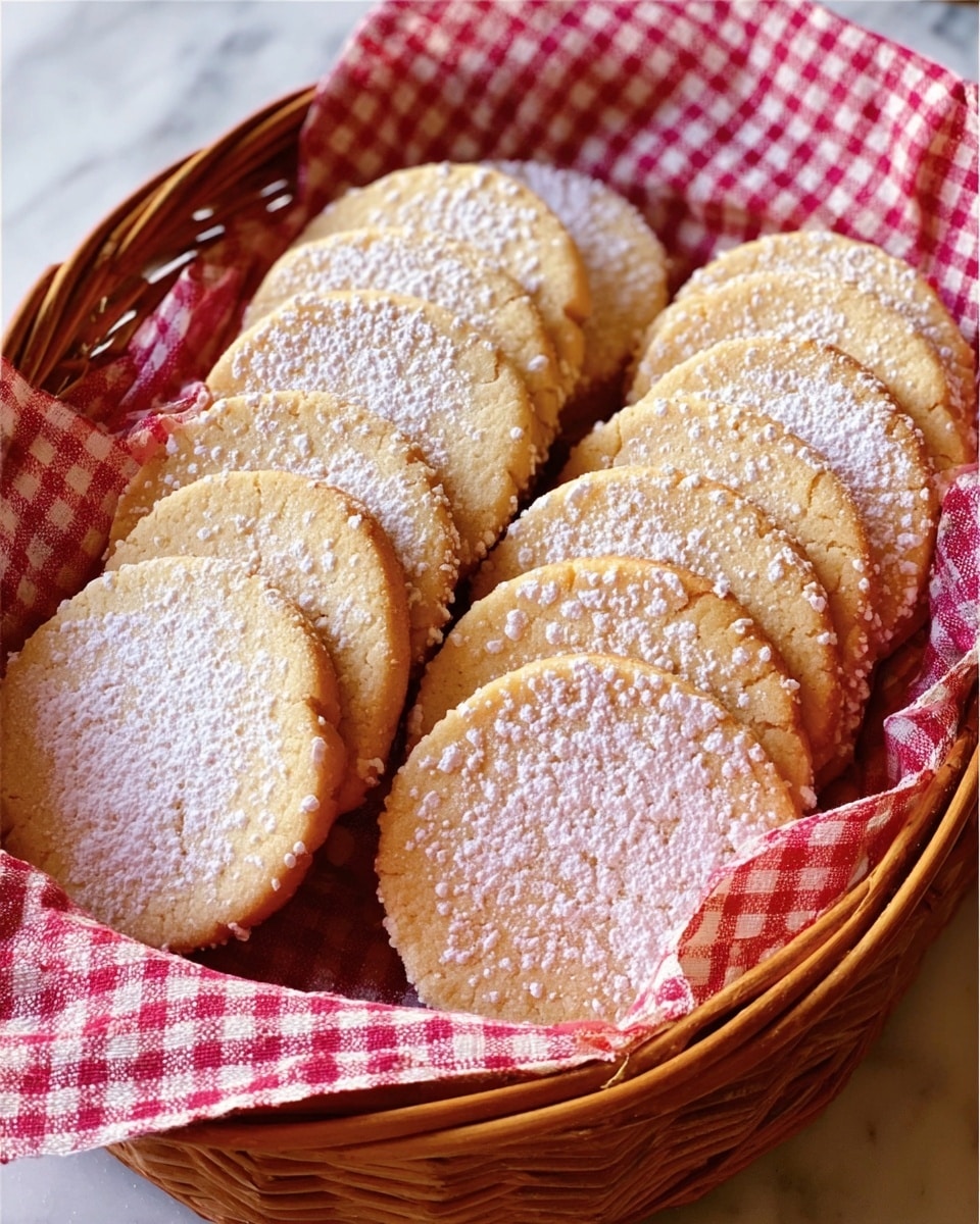 A brown wicker basket lined with a red and white checkered cloth holds two rows of round cookies. Each cookie is light golden brown with a soft texture and is dusted evenly with white powdered sugar on top. The cookies are neatly stacked in two slightly overlapping lines, filling the basket fully. The background is a white marbled texture. photo taken with an iphone --ar 4:5 --v 7