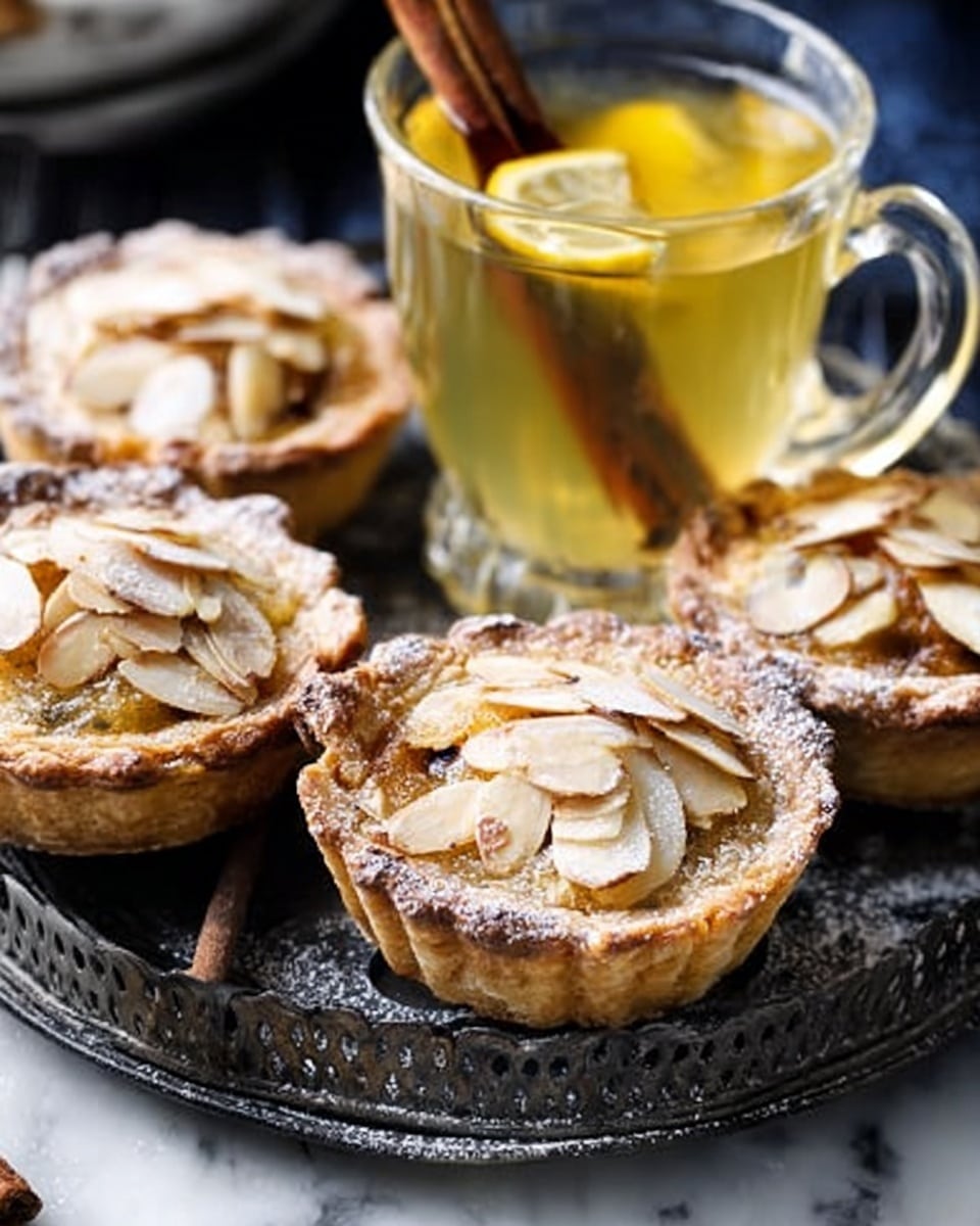 The image shows four golden-brown muffins topped with thin, pale almond slices. They are placed on a dark, vintage metal tray with round openings, sitting on a dark cloth with a white marbled texture underneath. In front of the muffins, there is a transparent glass cup filled with light yellow liquid, containing a cinnamon stick and a small piece of lemon peel. The light reflects softly on the glass, adding a warm feel to the scene. photo taken with an iphone --ar 4:5 --v 7