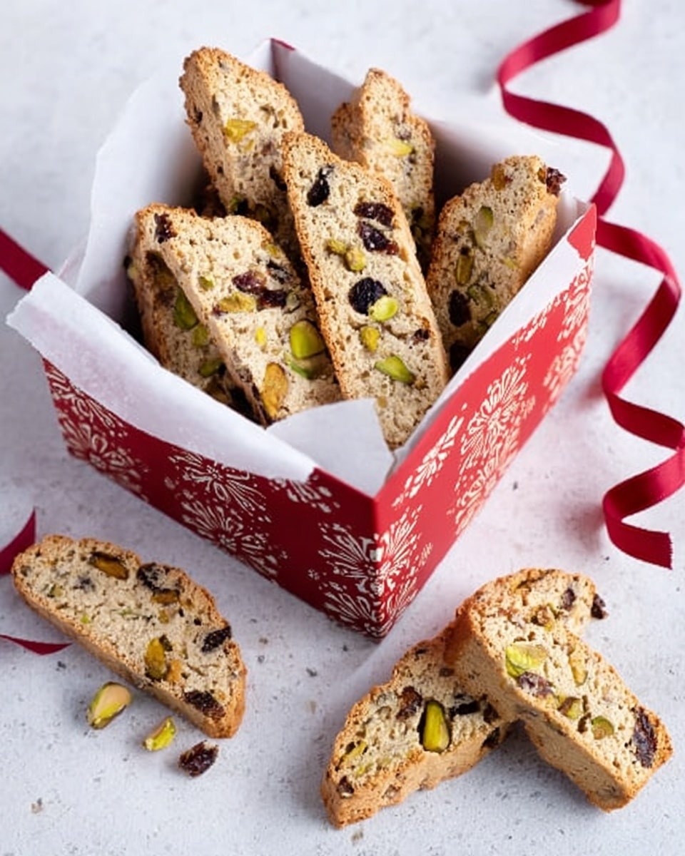 A white marbled surface holds an open square red box decorated with white floral patterns, lined with white paper inside, filled with about five pieces of biscotti showing rough beige texture and chunks of nuts and dark dried fruits. Three more biscotti pieces rest outside the box, scattered casually with visible green pistachios and dark dried fruit bits. A red ribbon lies loosely coiled near the box, adding a soft contrast to the scene. photo taken with an iphone --ar 4:5 --v 7