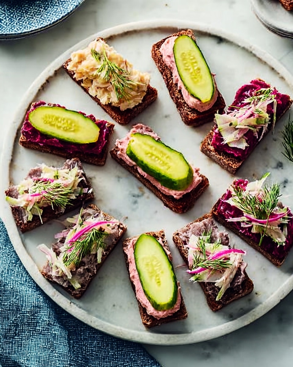 A white round plate on a white marbled surface holds small open-faced sandwiches with two types of toppings. One type has a dark brown bread base, topped with a pink spread, then a long slice of bright green pickle, neatly placed in the center. The other type has a crisp dark brown bread base layered with a dark purple spread, topped with shredded white and light pink pieces, small sprigs of dill, and thin slices of red onion. The colors contrast nicely, with the pink, green, purple, and white all visible. The plate is surrounded by parts of a blue and white cloth. Photo taken with an iphone --ar 4:5 --v 7