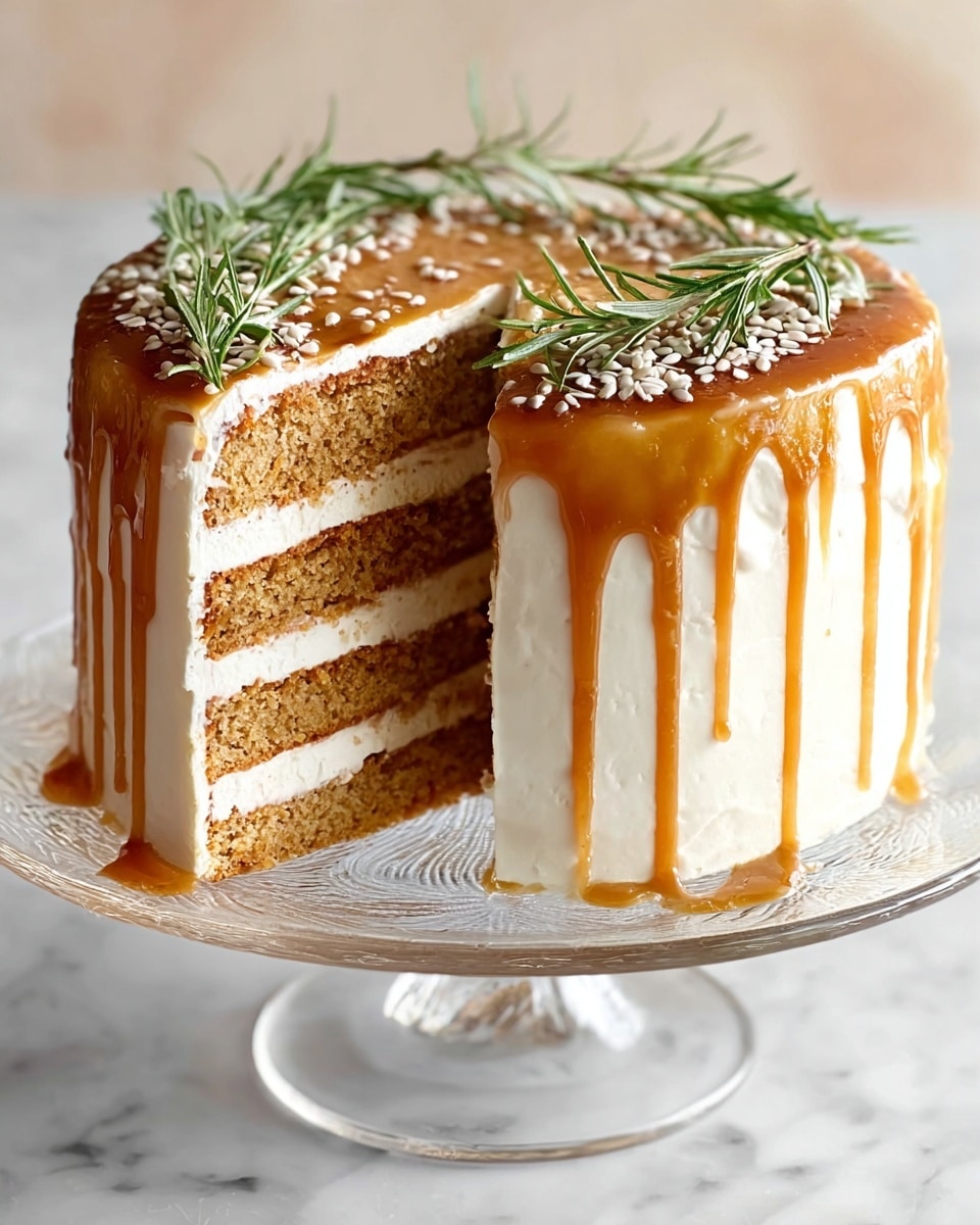 The image shows a tall round cake placed on a clear glass cake stand, sitting on a white marbled surface. The cake has three layers of light brown sponge with two layers of white cream frosting evenly spread in between. The outside of the cake is coated smooth with white frosting, while a shiny caramel sauce drips down the sides from the top edge. The top of the cake is decorated with small white seeds or nuts and sprigs of green rosemary, adding a fresh touch. A slice is cut out, revealing the evenly spaced layers inside. Photo taken with an iphone --ar 4:5 --v 7