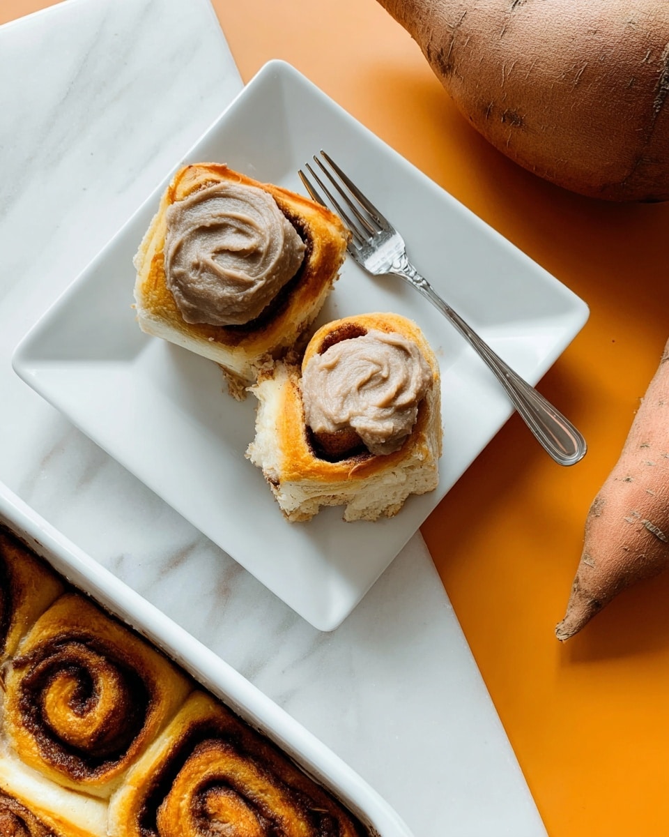 The image shows two cinnamon rolls on a white square plate, placed on a white marbled surface with an orange background. The cinnamon rolls are golden brown with a visible dark cinnamon swirl in the center. One cinnamon roll has a smooth light brown spread on top, while the other is plain. A silver fork lies diagonally across the plate. In the bottom left corner, part of a white baking dish with more cinnamon rolls topped with the same brown spread is visible. To the right, a raw sweet potato rests on the white marbled surface. The photo taken with an iphone --ar 4:5 --v 7