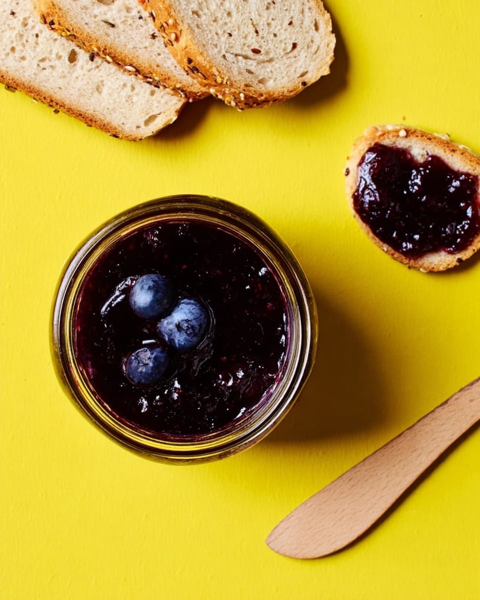 The image shows a jar filled with dark purple blueberry jam with two whole blueberries floating on the top layer. To the top left, there are three slices of light brown bread with visible seeds. On the right side, there is a small round piece of bread spread with the same dark purple jam, next to a light wooden spreading knife. The background is a smooth bright yellow surface. photo taken with an iphone --ar 4:5 --v 7