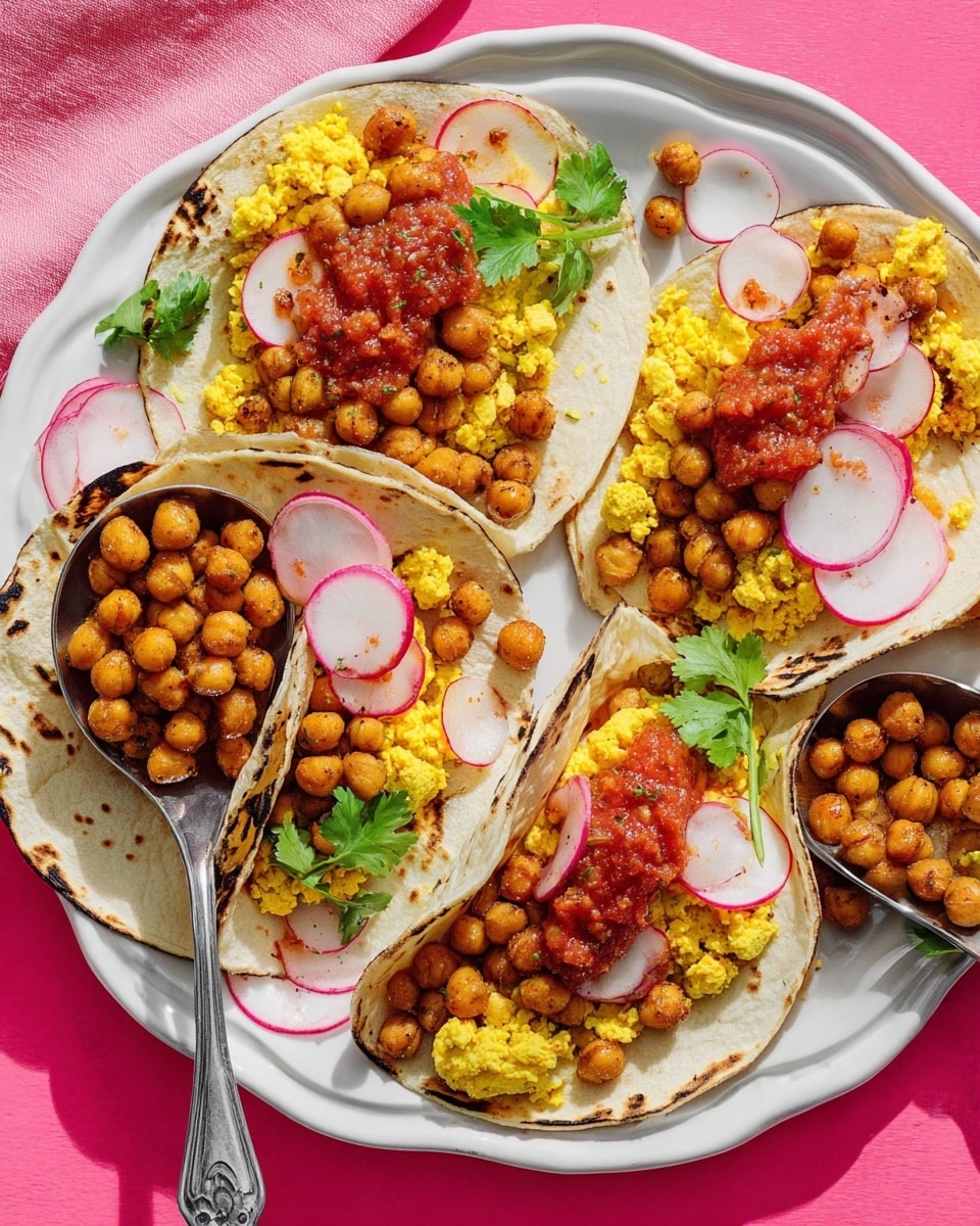 Four small white tortillas with light char marks are arranged on a white plate with a slightly scalloped edge, each filled with a base layer of yellow scrambled tofu, followed by a layer of golden-brown roasted chickpeas, thin slices of white radish with pink edges, and topped with a spoonful of chunky red salsa and a few green cilantro leaves for garnish. A silver spoon rests on the plate, filled with extra roasted chickpeas, and another spoon holds scrambled tofu. The plate is set on a bright pink surface. Photo taken with an iphone --ar 4:5 --v 7