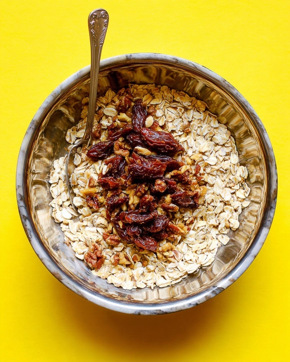 A shiny silver bowl filled with a single layer of light beige rolled oats mixed with small bits of light brown nuts, topped in the center with a pile of chopped dark brown dates. A silver spoon is placed inside the bowl resting on the left side of the oats. The bowl is set against a white marbled surface with a bright yellow background. photo taken with an iphone --ar 4:5 --v 7