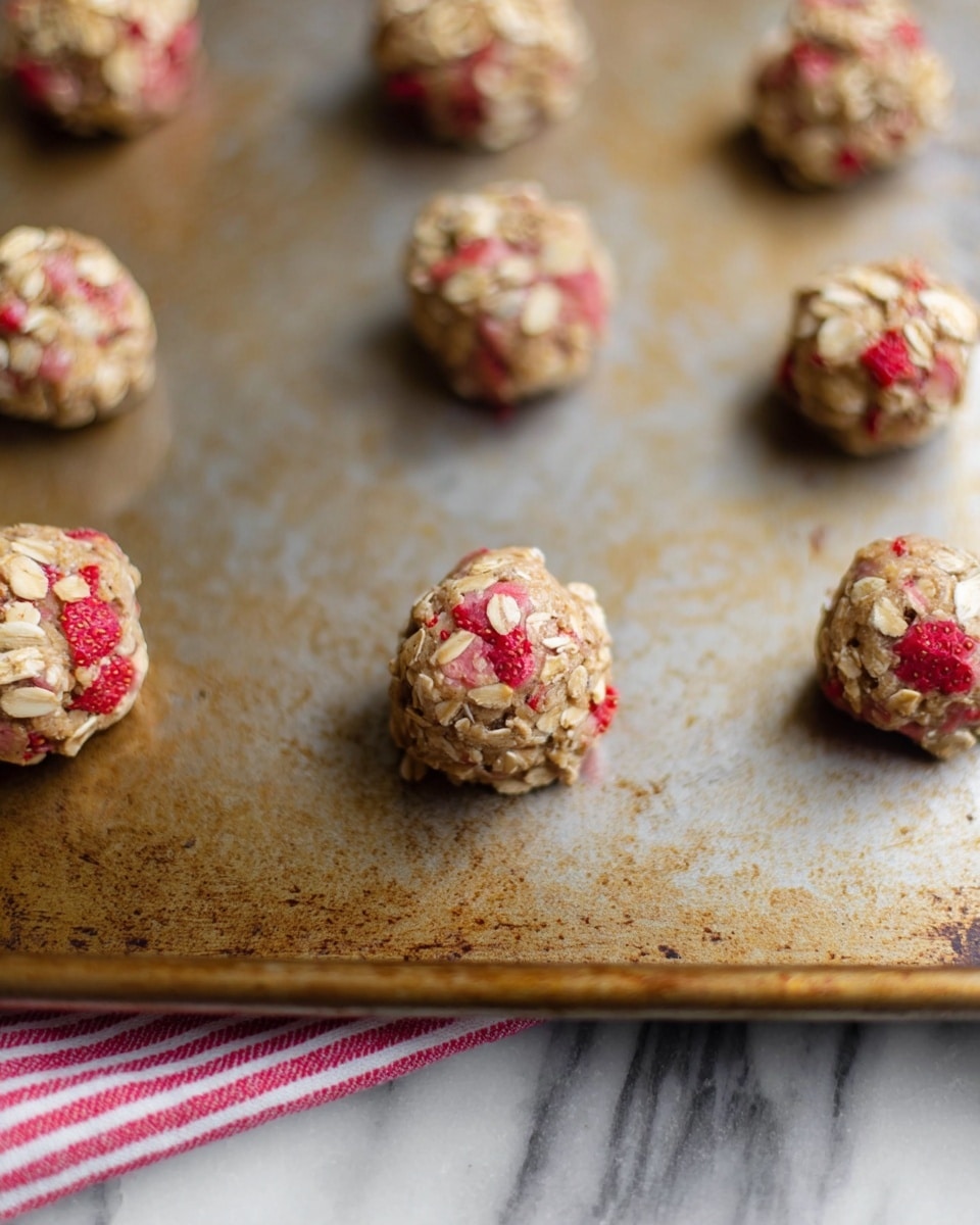 The image shows raw cookie dough balls placed on a metal baking tray with a worn and slightly scratched surface. Each dough ball is round and uneven, with a textured surface made up of small oats and visible chunks of red fruit, likely strawberries, along with some nut pieces. The cookie dough has a light brown color mixed with the red of the fruit and pale tones of the nuts and oats. The balls are spaced apart randomly on the baking tray. The lower edge of the tray rests on a white marbled surface with a red and white striped cloth partially visible. Photo taken with an iphone --ar 4:5 --v 7