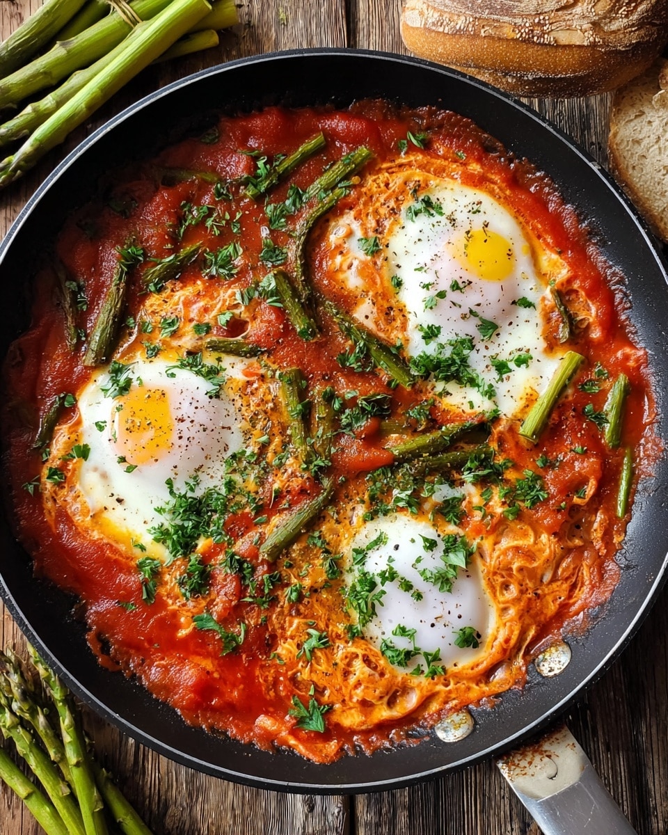A black frying pan filled with a thick red tomato sauce base mixed with green asparagus pieces scattered throughout. Three eggs are cooked on top, with bright white egg whites and slightly runny yellow yolks, each sprinkled with chopped green herbs and black pepper. The sauce edges around the eggs are bubbly and rich, with an orange tint from the egg yolks mixing with the tomato. The pan is placed on a wooden surface with asparagus stalks on the side and part of a loaf of bread visible in the corner. photo taken with an iphone --ar 4:5 --v 7