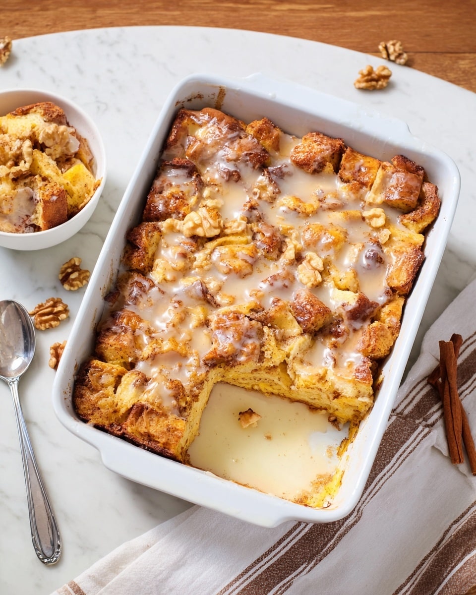 A white rectangular baking dish holds a baked bread pudding with a golden brown and slightly crispy top layer covered in a shiny, light-colored icing glaze. The bread pudding has a layered texture with chunks of soft, yellowish bread mixed with darker, cinnamon-colored spots throughout. A corner piece is missing, showing the inside layers of the pudding which appear moist and soft. Next to the dish is a small white bowl with a serving of the same bread pudding, and a silver spoon sits nearby on a white marbled surface. A white cloth with brown stripes is placed under the dish, and scattered walnuts and cinnamon sticks are nearby. Photo taken with an iphone --ar 4:5 --v 7