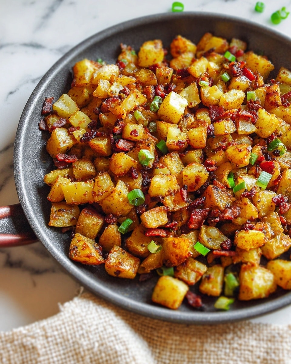 A close-up view of a skillet filled with crispy, golden-brown diced potatoes mixed with small pieces of browned bacon and bits of green onion scattered on top. The potatoes have a slightly rough texture with some browned edges, showing they are well-cooked and seasoned. The skillet is dark gray and sits on a white marbled surface with a textured light beige cloth partly visible underneath. photo taken with an iphone --ar 4:5 --v 7