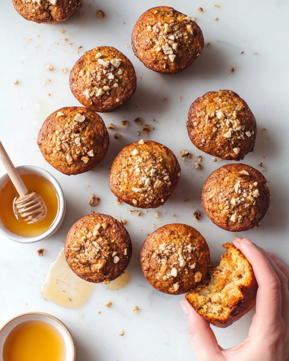 A group of nine golden brown muffins topped with small chunks of crumbly nuts scattered on a white marbled surface, one muffin has a bite taken out, showing a soft, moist interior with visible small bits of fruit or nuts; a woman's hand is holding one muffin on the right side, and a small round white bowl filled with honey and a honey dipper sits near the edge of the frame on the left side, with some honey drips visible near it, the overall scene is bright and clean with natural light. photo taken with an iphone --ar 4:5 --v 7
