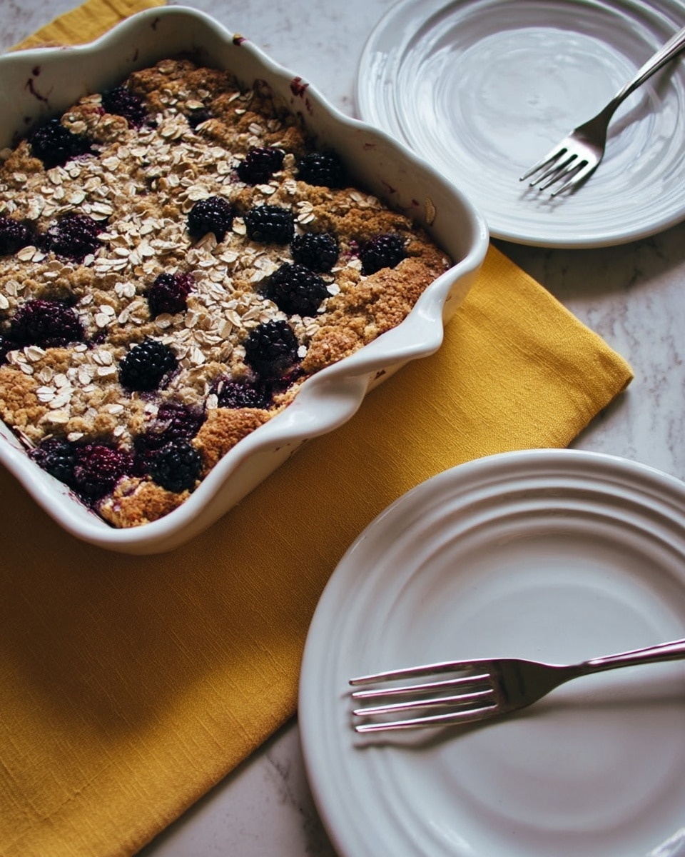 The image shows a white ceramic baking dish filled with a baked dessert. The dessert has a golden brown crust with scattered dark purple and black berries embedded on top, along with a sprinkling of light oat flakes across the surface. The texture of the crust looks slightly rough and crumbly. The baking dish is placed on a yellow cloth that covers a white marbled surface. Next to the dish, there are two empty white plates, each with a fork resting on top, positioned on the yellow cloth. Photo taken with an iphone --ar 4:5 --v 7