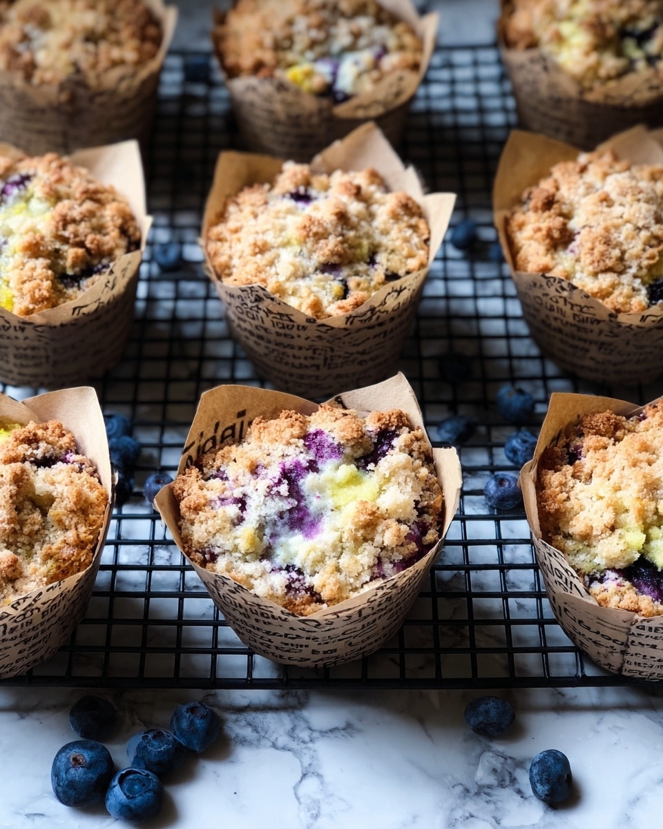 The image shows multiple blueberry muffins in light brown paper cups with printed text, arranged on a black cooling rack. Each muffin has a crumbly, golden-brown topping with visible blueberries creating purple spots. The muffins have a soft yellow base layer beneath the crumb topping. Around the muffins and on the rack, there are scattered fresh blueberries, adding a pop of dark blue. The background is a white marbled texture. photo taken with an iphone --ar 4:5 --v 7