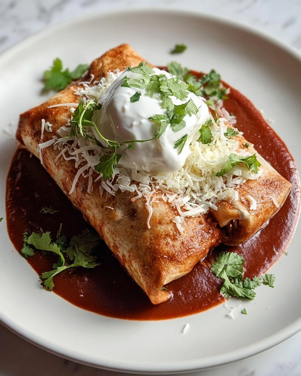 A toasted golden-brown burrito is placed in the center of a round white plate, resting on a smooth layer of red sauce spread in a wide oval shape. On top of the burrito sits a dollop of white sour cream, garnished with fresh bright green cilantro leaves. Shredded white cheese is sprinkled lightly over the sour cream, burrito, and sauce, some scattered around the plate’s edge. The plate is set on a white marbled surface. photo taken with an iphone --ar 4:5 --v 7