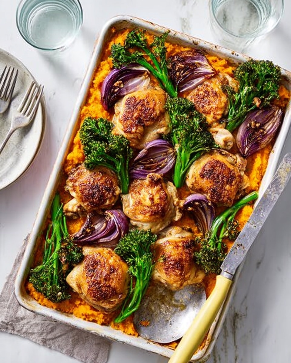 The image shows a white baking tray filled with a colorful roasted dish on a white marbled surface. The bottom layer is a bright orange mash spread evenly across the tray, topped with seven golden-brown roasted chicken thighs that have a slightly crispy texture. Among the chicken, there are several pieces of green broccolini and thick slices of purple-red onions with caramelized edges. A large serving spoon with a yellow handle rests on the right side of the tray. To the left, there is a clear glass of water and a white plate with a fork and knife beside it. photo taken with an iphone --ar 4:5 --v 7