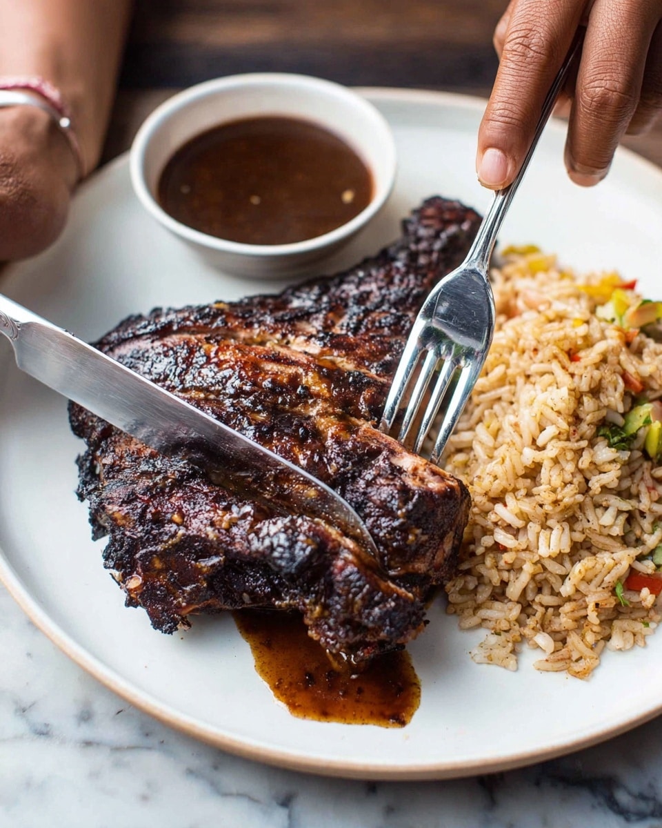 A white plate holds a dark, grilled meat chop with a charred crispy texture on top, positioned in the center, with a brown sauce pooling slightly underneath it. To the right of the meat is a serving of light brown rice with scattered small pieces of seasoning. Behind the plate is a small white bowl filled with dark brown sauce. A woman's hand holds a fork piercing the chop while another woman's hand uses a knife cutting into the meat. The background features a white marbled texture. photo taken with an iphone --ar 4:5 --v 7