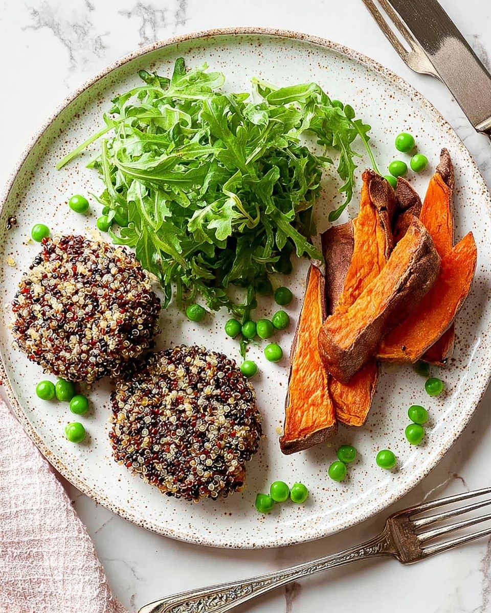 On a white speckled plate, there are two round quinoa patties with a mix of white, red, and black quinoa grains, positioned on the left side. Next to them, on the right, are three pieces of roasted sweet potato skins with orange flesh and dark brown edges. Above the patties and sweet potato skins is a small pile of fresh green leafy arugula and scattered bright green peas around the leaves and the sweet potato pieces. The plate rests on a white marbled surface with a fork on the left and a knife on the right. photo taken with an iphone --ar 4:5 --v 7