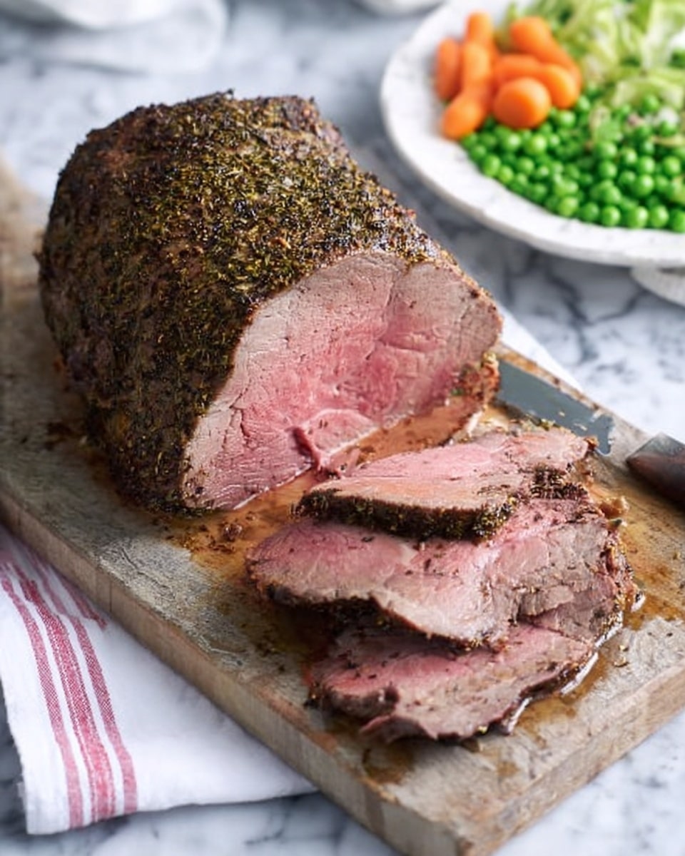 The image shows a large piece of roast beef covered in a dark herb crust on a wooden cutting board, resting on a white cloth. The roast is sliced into several thick, pink, juicy pieces lying flat on the board in front of the main chunk. To the right side, a white plate with green peas, broccoli, and a carrot is partially visible. The background surface is a white marbled texture. Photo taken with an iphone --ar 4:5 --v 7