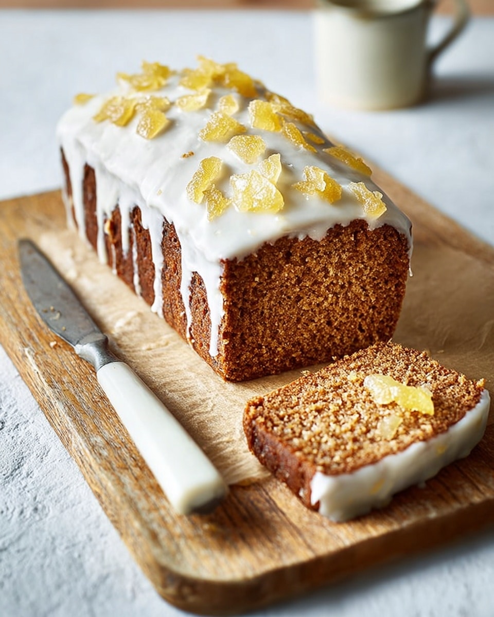 A brown cake loaf with a coarse texture is placed on a wooden board. It has a thick white icing layer on top that drips slightly down the sides. On the icing, small pieces of yellow candied ginger are scattered. One slice is cut and laid flat in front of the loaf, showing the dense inside of the cake, with some white icing and a piece of candied ginger on its edge. Next to the loaf is a knife with a white handle. The scene sits on a white marbled surface. Photo taken with an iphone --ar 4:5 --v 7