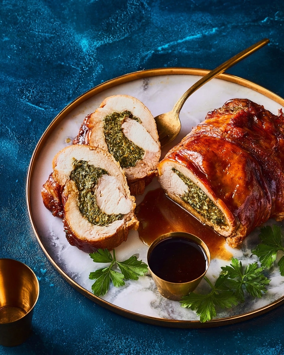 A roasted meat roll with a golden-brown shiny crust rests on the right side of a dark plate. On the left side, two thick slices reveal a tender pale interior fully filled with a bright green herb stuffing, which is textured and slightly chunky. A few small pieces of stuffing are scattered around. Near the slices, there is a small bunch of fresh parsley with vibrant green leaves. A golden spoon rests under one slice, extending toward the lower left edge of the plate. Below the meat, a small bowl filled with a dark sauce sits on the plate. The dark plate is placed on a larger gold charger, all set against a white marbled background. Photo taken with an iphone --ar 4:5 --v 7