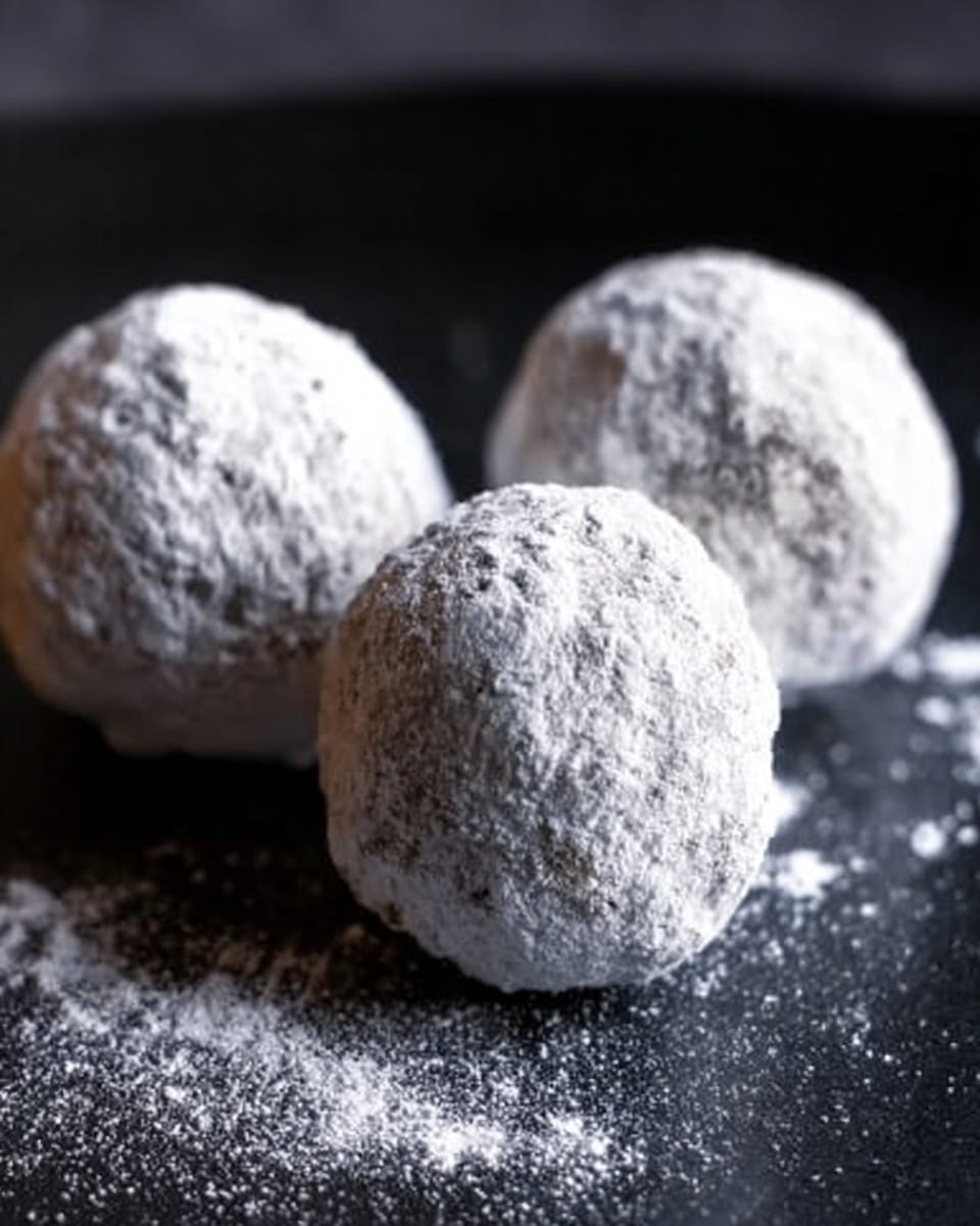 The image shows three round balls covered with a light white powder, placed closely together on a dark matte surface. The balls have a rough texture beneath the powdered coating, giving them a slightly uneven shape. The background is softly blurred and dark, focusing attention on the balls. photo taken with an iphone --ar 4:5 --v 7