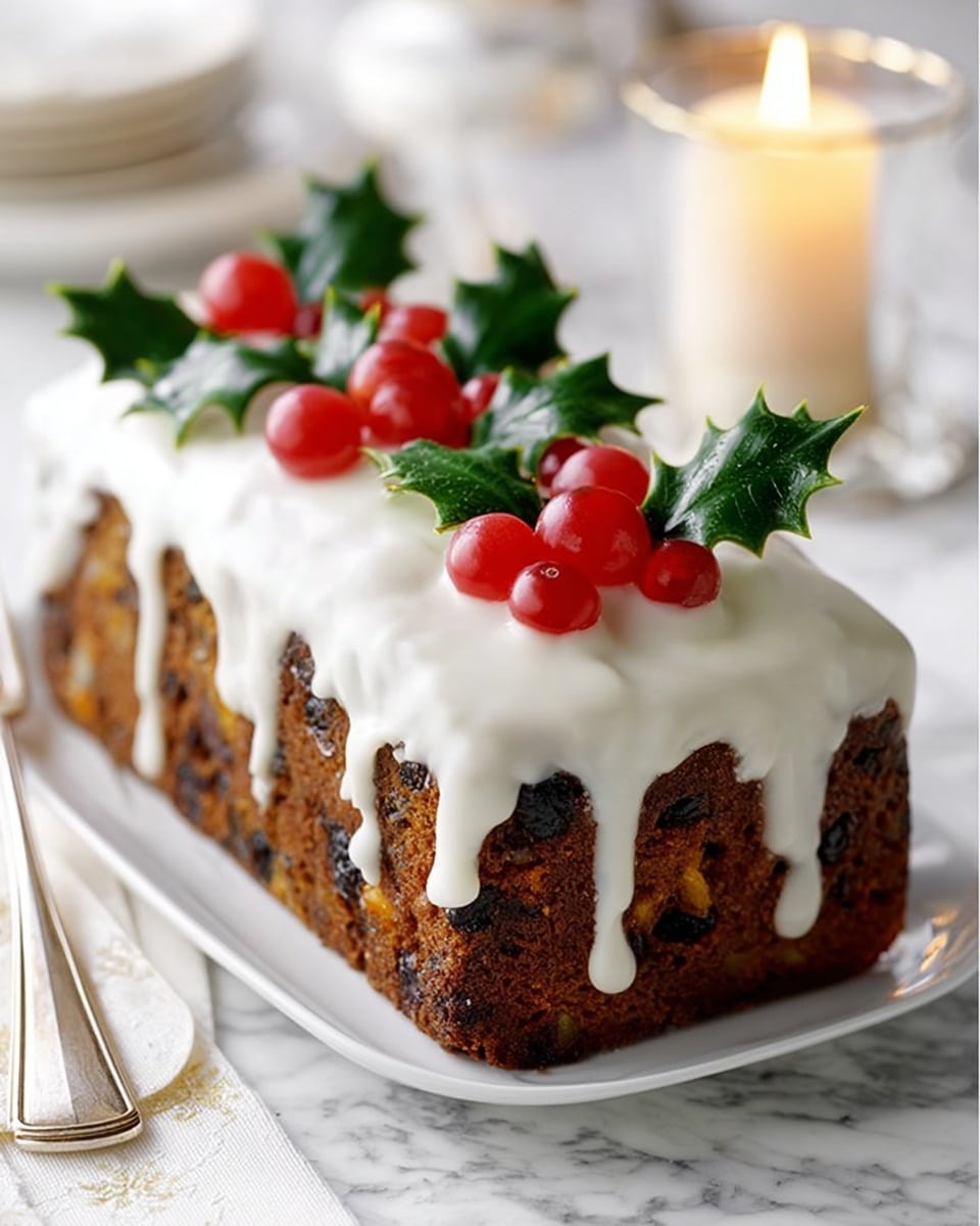 A rectangular fruitcake loaf with a dark brown, dense texture containing visible bits of dried fruits, sits on a white rectangular plate. The top of the cake is thickly covered with smooth white icing that drapes over the edges. On top of the icing, bright red candied cherries alternate with deep green holly leaves, placed in a straight line along the center. The plate is on a white marbled surface, with a silver fork resting beside it and part of a lit candle and a white glass in the soft background. The scene feels festive and bright. photo taken with an iphone --ar 4:5 --v 7
