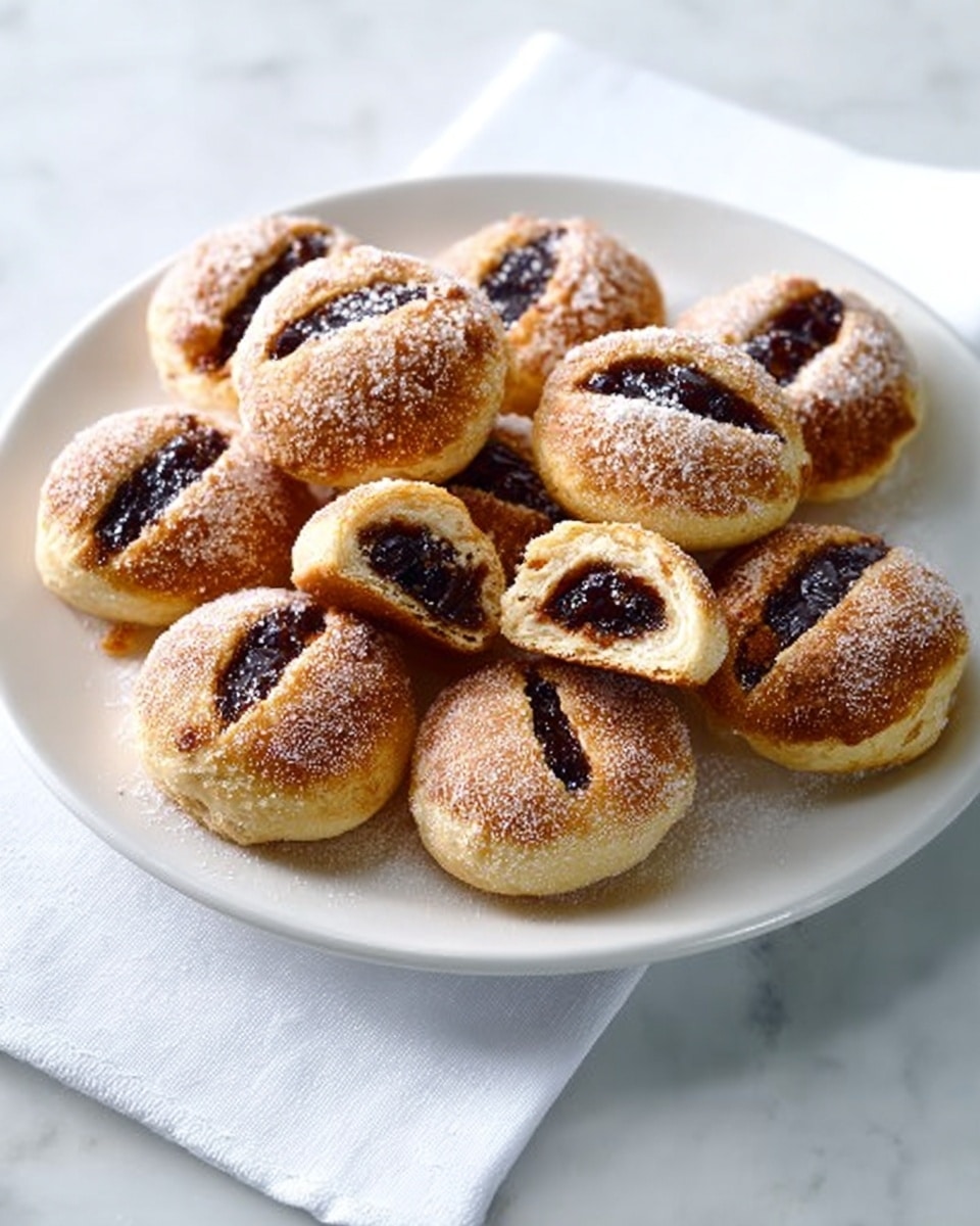 The image shows a white plate filled with small round pastries that are golden brown and slightly crispy on the outside. Each pastry has three slits on top through which a dark, glossy filling, likely raisins or a similar dried fruit, peeks out. One pastry is broken open, revealing a soft, light beige inside with the dark filling clearly visible in the center. The plate is placed on a white cloth with a subtle texture, and the background is a white marbled surface. photo taken with an iphone --ar 4:5 --v 7