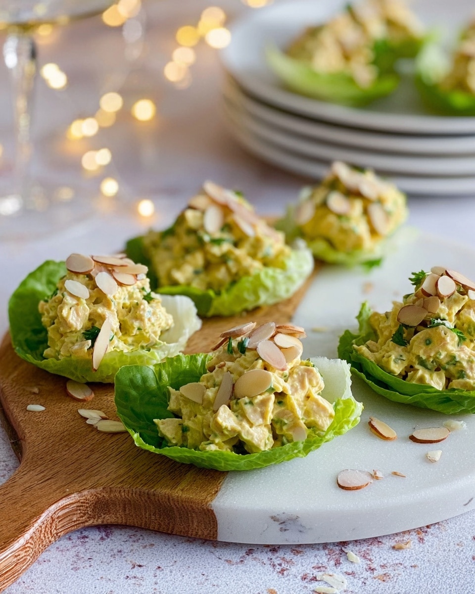 Five small lettuce leaves form the base layer, each filled with a creamy yellow chicken salad mixed with green herbs and small chunks of chicken. The chicken salad sits piled in the center of each leaf, topped with a few thin, light brown almond slices scattered on top. The leaves are neatly arranged on a round wooden board with a handle, which rests on a white marbled surface. In the background, there are blurred warm fairy lights and stacked white plates with more lettuce cups. Photo taken with an iphone --ar 4:5 --v 7