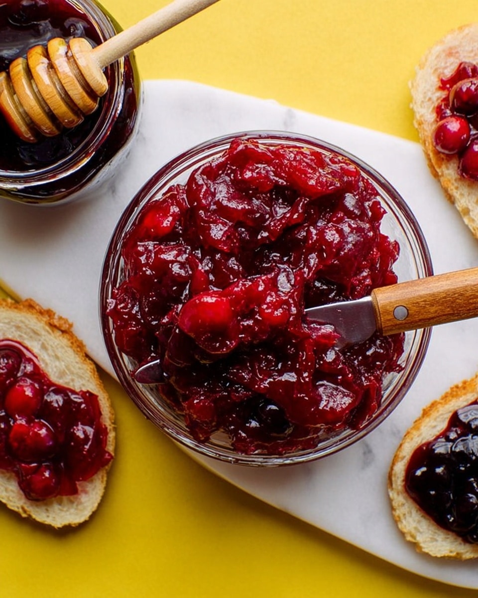 The image shows a clear white bowl full of chunky red cranberry sauce with a glossy texture and a few whole cranberries on top. A knife with a wooden handle is sticking into the sauce at the right side of the bowl. Around the bowl, there are pieces of light beige crackers with some dark berry jam spread on them. A jar filled with similar dark berry jam is placed at the bottom left. The background is a smooth white marbled texture with a bright yellow surface underneath, and a wooden honey dipper is partially visible near the bowl. photo taken with an iphone --ar 4:5 --v 7