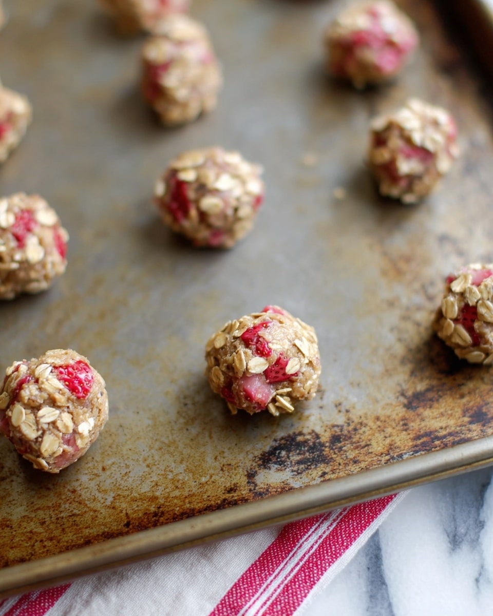 The image shows small, round cookie dough balls placed on a dark baking sheet with a slightly worn look. Each dough ball is made of a mix of oats, with visible chunks of bright red strawberries and small almond pieces embedded throughout the rough-textured surface. The dough balls are scattered across the baking sheet in a loose arrangement, with one ball in clear focus at the front and the others blurred in the background. The scene is set on a white marbled texture, and a striped red and white cloth can be seen partially underneath the baking sheet. Photo taken with an iphone --ar 4:5 --v 7