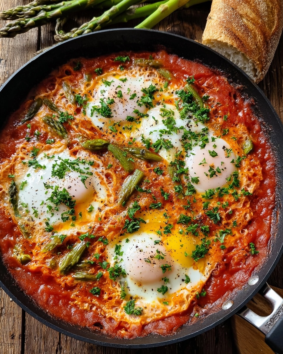 The image shows a black skillet with a dish made up of three cooked eggs with firm white edges and soft yellow yolks set in a thick, bright red tomato sauce mixed with chunks of green asparagus and orange carrot pieces, all topped with chopped green herbs and a sprinkle of black pepper. The skillet is on a wooden table next to a white piece of bread and a bunch of green asparagus. There is also a fork placed on the left side of the skillet. The background surface is changed to a white marbled texture. Photo taken with an iphone --ar 4:5 --v 7