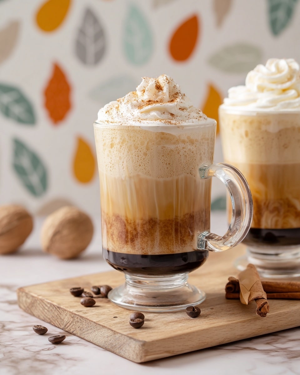The image shows two clear glass mugs filled with a three-layer latte drink placed on a wooden board. The bottom layer is a brown coffee mixed with spices, the middle layer is a lighter creamy beige, and the top layer is white whipped cream dusted with cinnamon powder. The mugs have sturdy handles and pedestal bases. The wooden board also holds cinnamon sticks, nutmeg, and coffee beans scattered around. The background features a soft patterned wall with pastel leaf shapes, and the scene is set on a white marbled texture surface. photo taken with an iphone --ar 4:5 --v 7